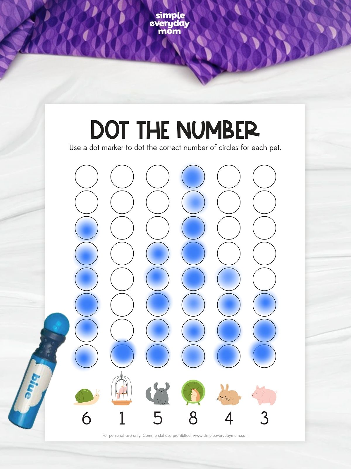 This dot the number worksheet helps kids practice counting and number recognition with fun pet-themed activities. Children use dot markers to fill in the correct number of circles for each pet, building fine motor skills and hand-eye coordination along the way. Perfect for preschool and kindergarten learners, this printable activity makes early math practice engaging and interactive.