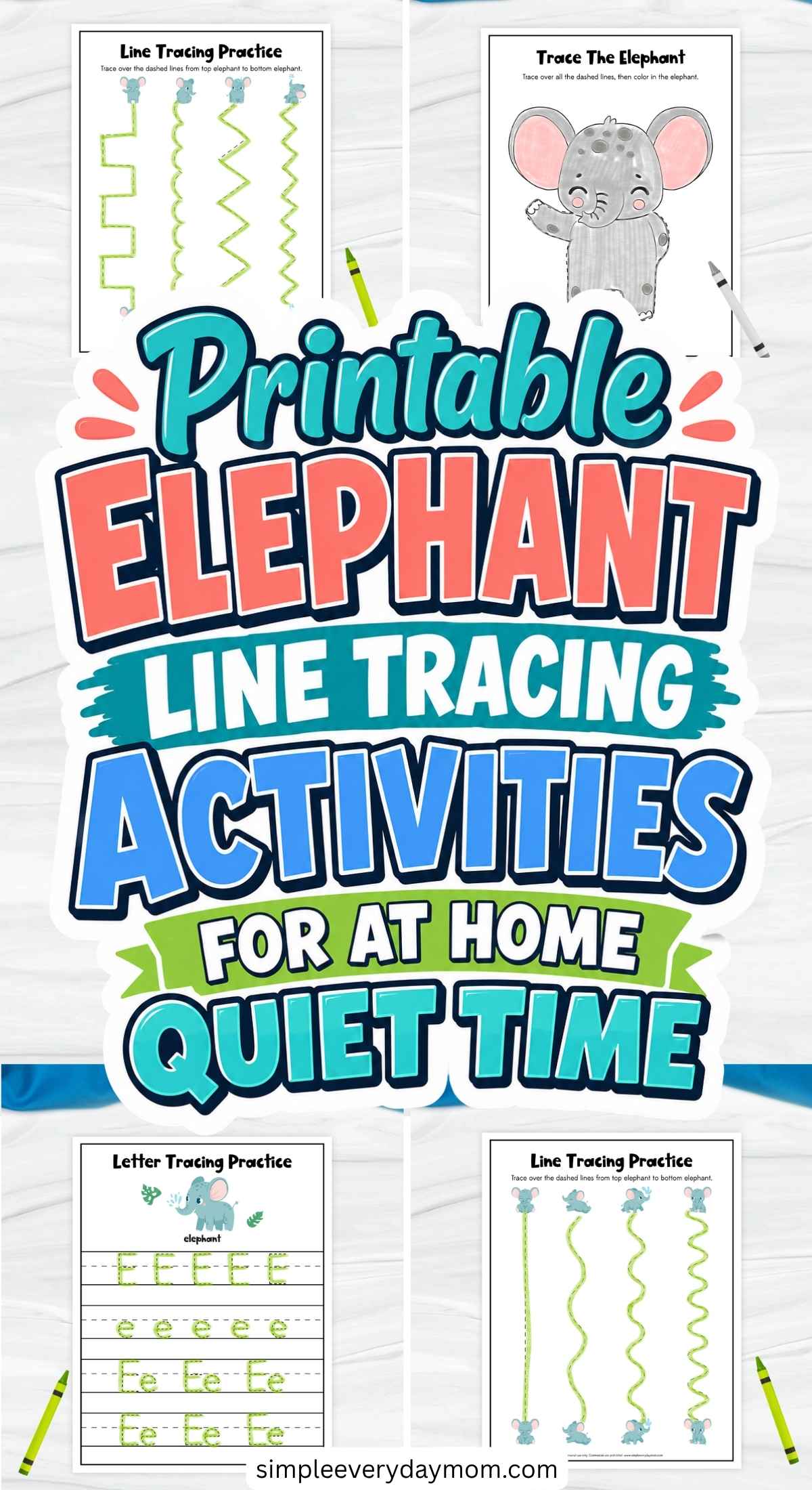 This image is a colorful promotional graphic for printable elephant-themed line tracing activities designed for children’s quiet time at home. The background features several educational worksheets, including elephant line tracing practice, letter tracing for the letter “E,” and an elephant coloring and tracing page. Bright blue, green, and pink text along with cute elephant illustrations and crayons create a fun, engaging, and kid-friendly learning resource for preschool and kindergarten children.
