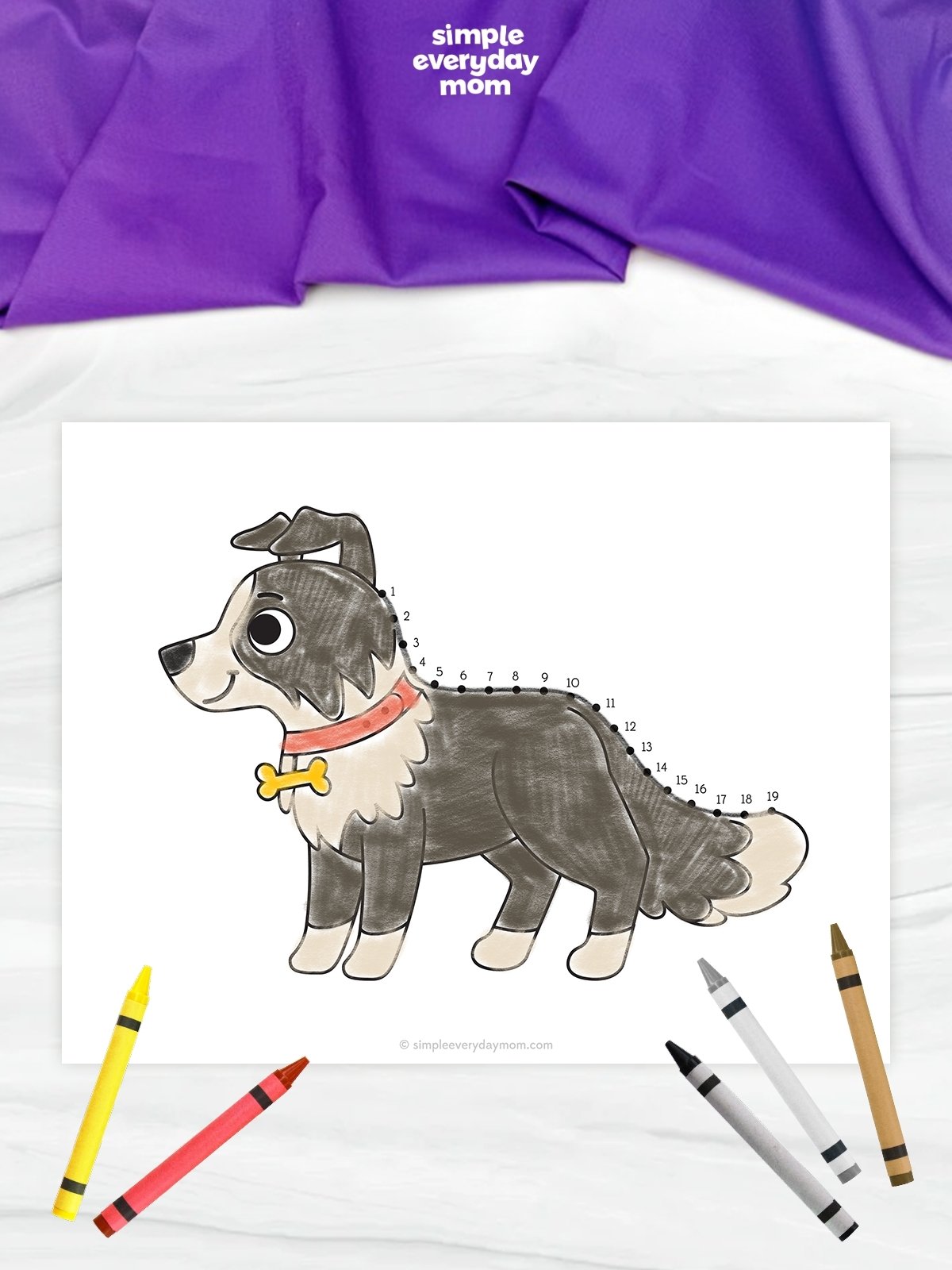 This image shows a completed dog connect-the-dots worksheet displayed on a light marble-like background. The dog is colored in shades of gray, white, and pink, with numbered dots tracing the outline of its back and tail. Several crayons are scattered along the bottom of the image, while a purple fabric backdrop and the Simple Everyday Mom logo are visible at the top.