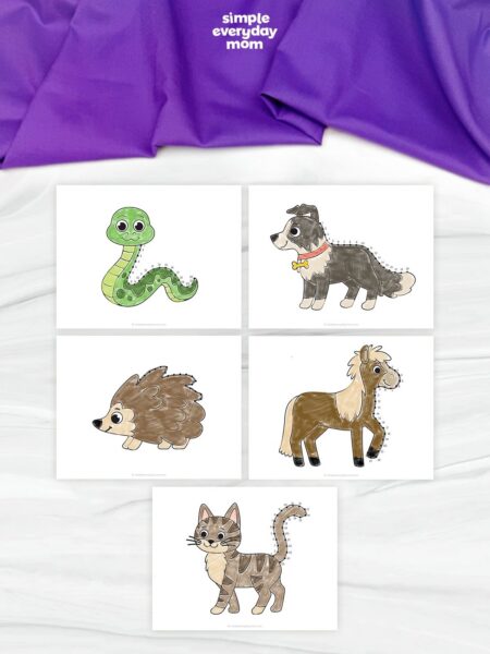This image displays five completed animal connect-the-dots worksheets arranged on a white marble-like background. The animals shown are a snake, dog, hedgehog, horse, and cat, each colored and featuring numbered dots that trace part of their outlines. A purple fabric drapes across the top of the image, with the Simple Everyday Mom logo prominently displayed above the worksheets.