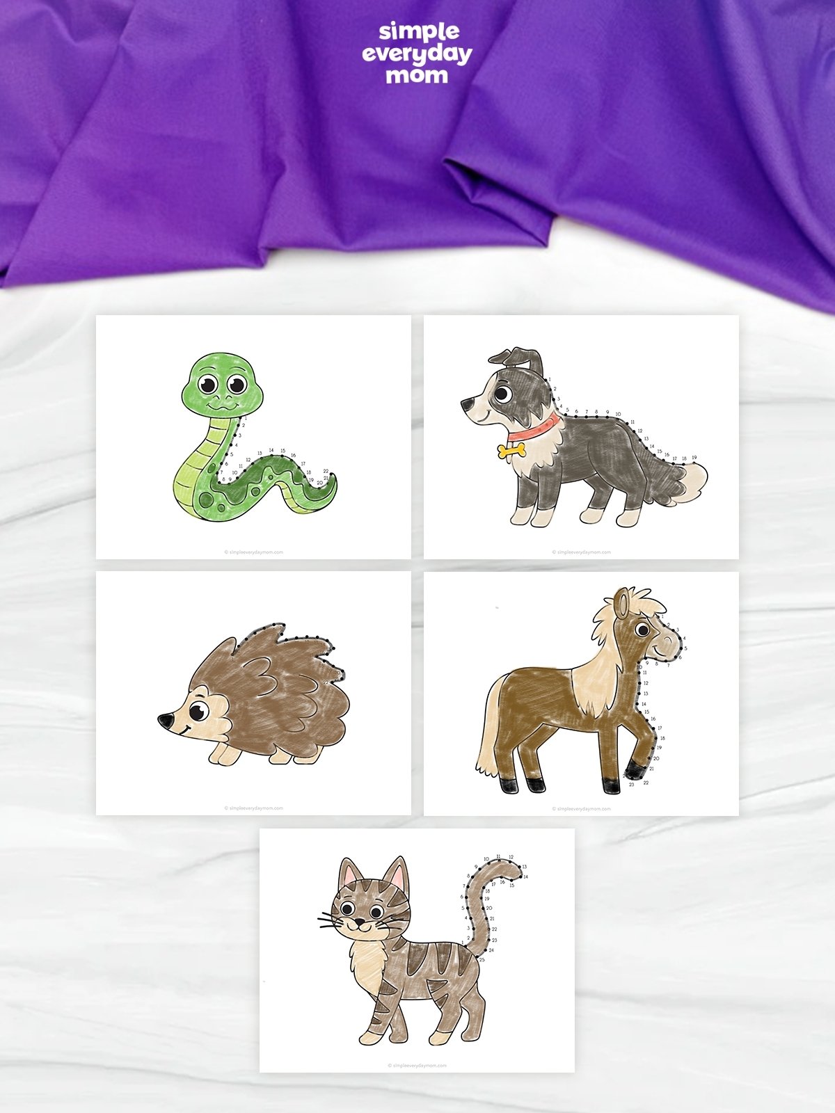 This image displays five completed animal connect-the-dots worksheets arranged on a white marble-like background. The animals shown are a snake, dog, hedgehog, horse, and cat, each colored and featuring numbered dots that trace part of their outlines. A purple fabric drapes across the top of the image, with the Simple Everyday Mom logo prominently displayed above the worksheets.