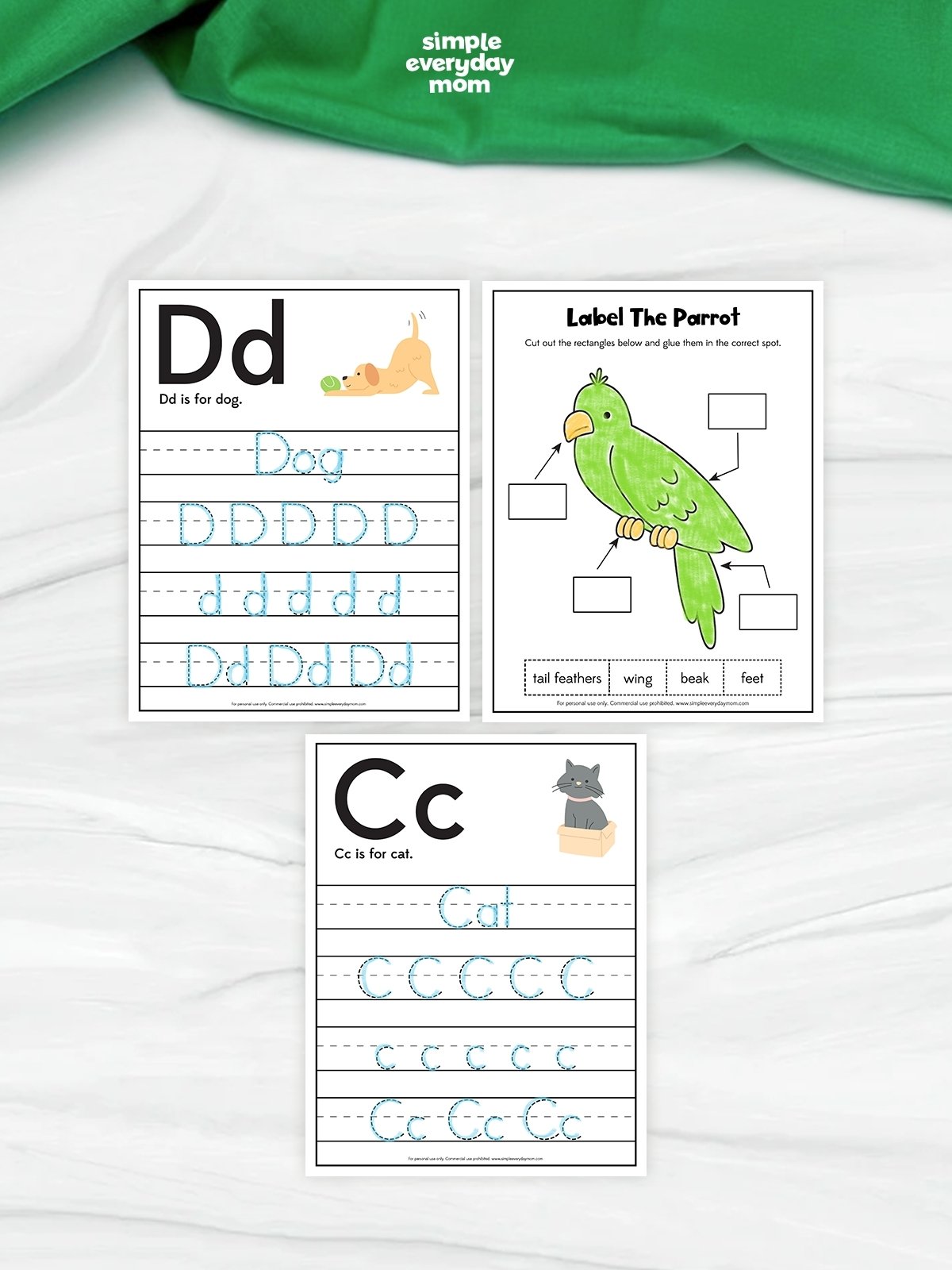 This image showcases three pet-themed educational worksheets designed for kindergarten students to practice handwriting, vocabulary, and labeling skills. The activities include tracing the letters “C” and “D” with matching animal words like cat and dog, along with a “Label the Parrot” worksheet that teaches children basic animal body parts. Cute animal illustrations, simple layouts, and hands-on learning exercises make these printables fun and engaging for early learners.