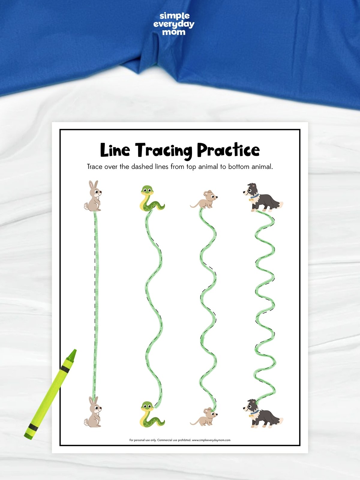 This image shows a “Line Tracing Practice” worksheet designed to help young children improve pencil control and fine motor skills. Kids trace different dashed and wavy lines from one animal to the matching animal below, featuring cute illustrations like rabbits, snakes, mice, and dogs. Simple instructions, playful animal graphics, and varied line patterns make this printable a fun educational activity for preschool and kindergarten learners.