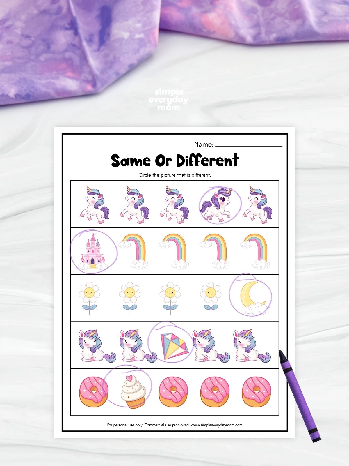 This unicorn-themed “Same or Different” worksheet helps preschool and kindergarten children practice visual discrimination and comparison skills. Kids look across each row of pictures and circle the image that is different from the others, using fun illustrations like unicorns, rainbows, castles, flowers, kites, moons, donuts, and cupcakes. This printable activity supports critical thinking, attention to detail, and early problem-solving skills in an engaging and playful way.