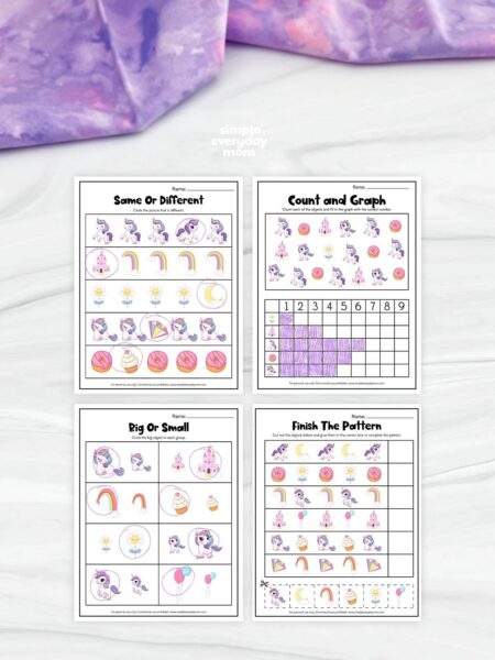 This image displays four unicorn-themed printable math worksheets for preschool and kindergarten students. The activities include “Same or Different,” “Count and Graph,” “Big or Small,” and “Finish the Pattern,” all featuring fun unicorn graphics alongside rainbows, castles, donuts, flowers, balloons, and cupcakes. These engaging worksheets help children practice early math concepts, visual discrimination, counting, graphing, size comparison, and pattern recognition while making learning fun and interactive.