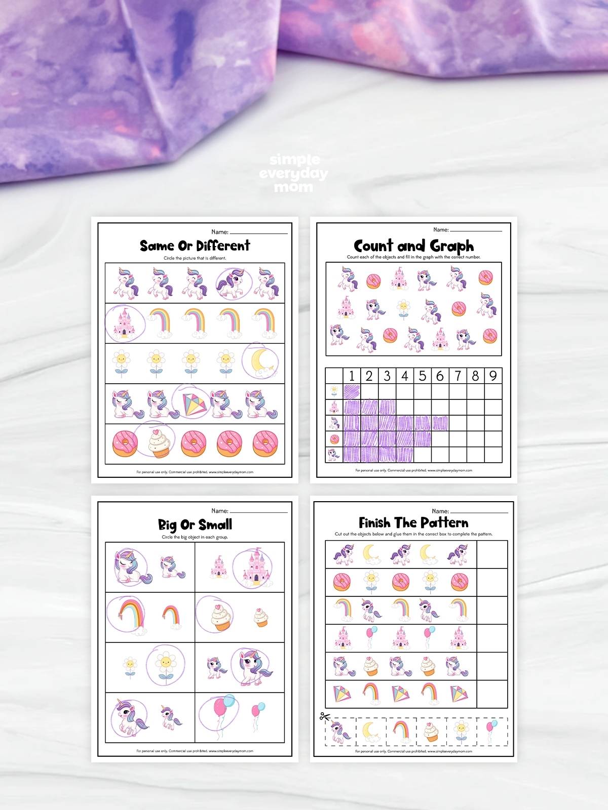 This image displays four unicorn-themed printable math worksheets for preschool and kindergarten students. The activities include “Same or Different,” “Count and Graph,” “Big or Small,” and “Finish the Pattern,” all featuring fun unicorn graphics alongside rainbows, castles, donuts, flowers, balloons, and cupcakes. These engaging worksheets help children practice early math concepts, visual discrimination, counting, graphing, size comparison, and pattern recognition while making learning fun and interactive.