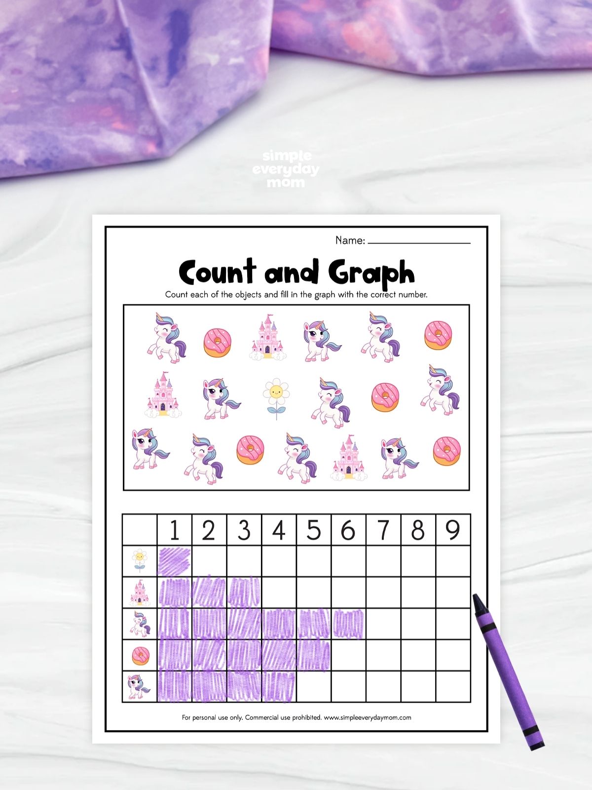 This unicorn count-and-graph worksheet helps preschool and kindergarten kids practice early math and counting skills in a fun, hands-on way. Children count each unicorn-themed object — including donuts, castles, flowers, and unicorns — then complete the graph by coloring in the correct number of boxes. This engaging activity supports number recognition, counting, graphing, and visual learning while keeping young learners entertained with a cute unicorn theme.
