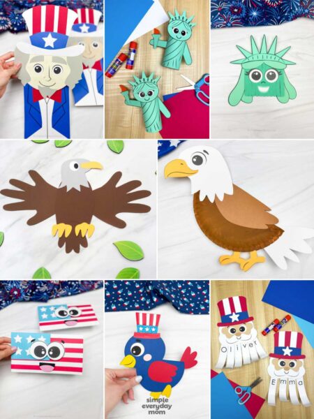 This patriotic craft collage features a variety of fun and creative American-themed paper projects for kids. The collection includes Uncle Sam crafts, Statue of Liberty puppets, bald eagle art, a smiling American flag card, and colorful birds wearing festive red, white, and blue hats. Bright craft paper, cartoon-style faces, and holiday decorations create a cheerful Fourth of July theme perfect for children’s activities.