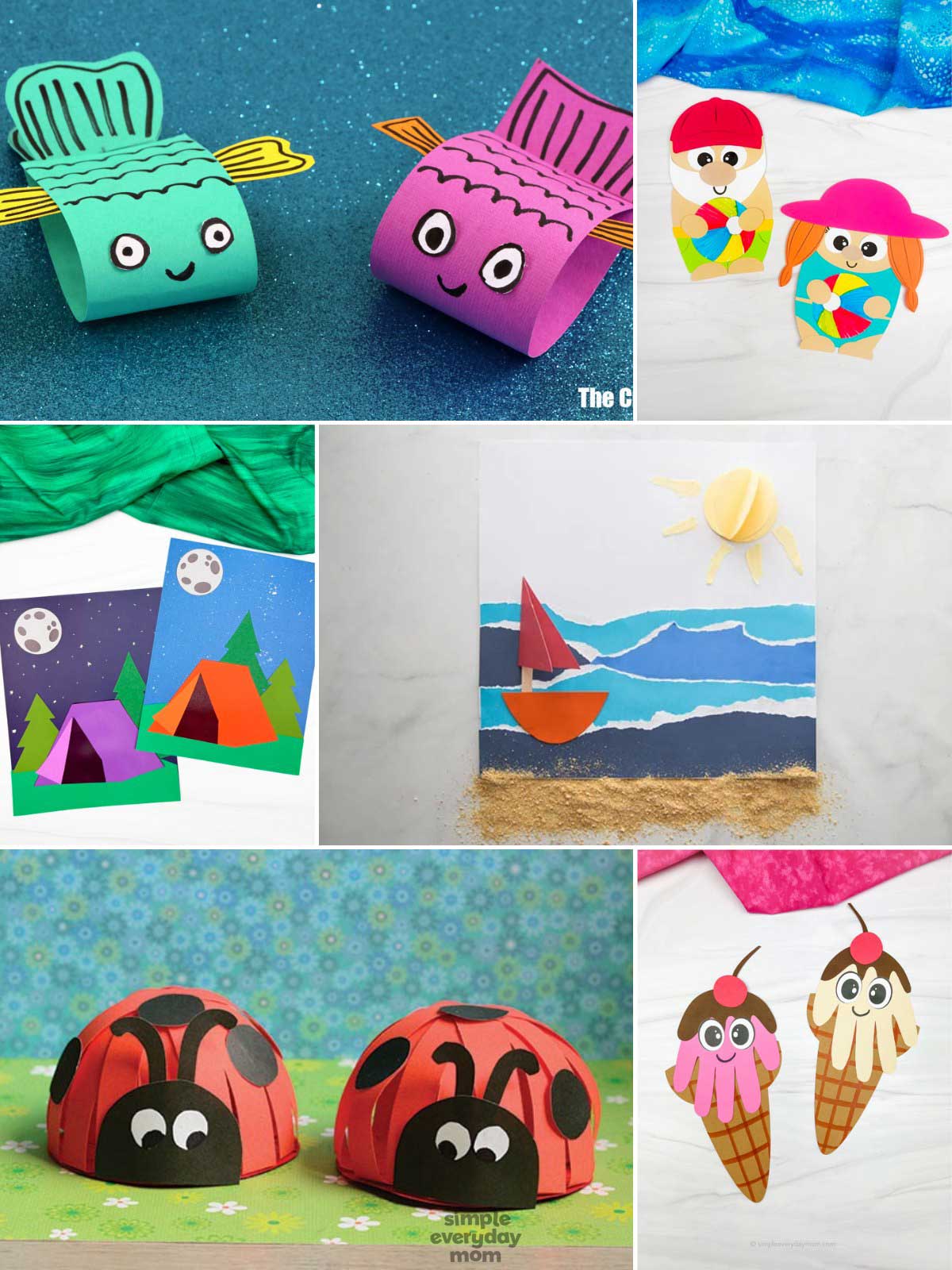 This collage features a variety of fun and colorful summer-themed crafts for kids. The projects include paper fish, beach characters, camping scenes, sailboat art, ladybug crafts, and ice cream handprints. The bright colors and creative designs make the image cheerful, playful, and perfect for children’s summer activities and art projects.
