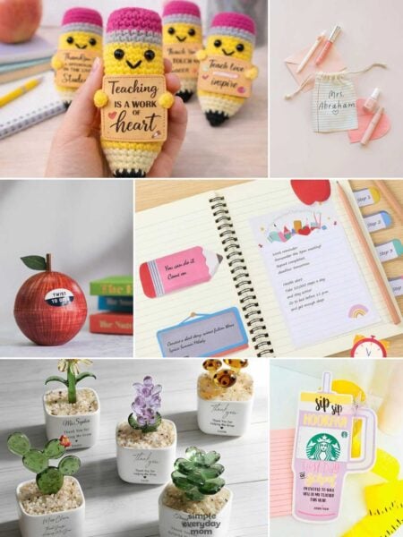 This collage showcases a variety of thoughtful and creative teacher gift ideas, ranging from handmade crochet pencil dolls to personalized stationery and succulent decorations. The gifts feature cheerful pastel colors, cute designs, and heartfelt messages that celebrate appreciation for teachers. Overall, the image gives a warm and inspiring back-to-school or teacher appreciation theme filled with charm and creativity.