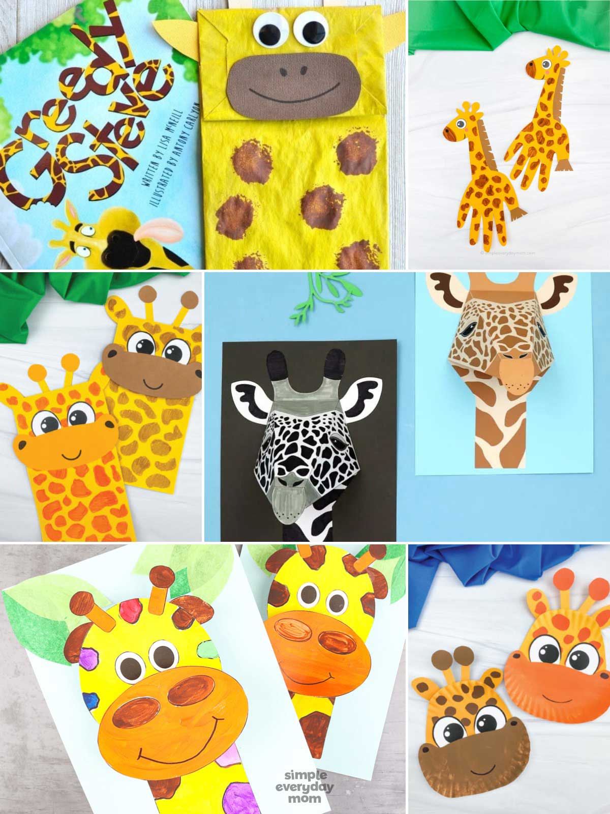 This collage features a variety of adorable giraffe-themed crafts and art projects for kids. The projects include giraffe bookmarks, handprint giraffes, paper plate giraffes, painted giraffe art, and creative animal masks. The bright colors and playful designs make the image fun, educational, and perfect for children’s safari or animal-themed activities.