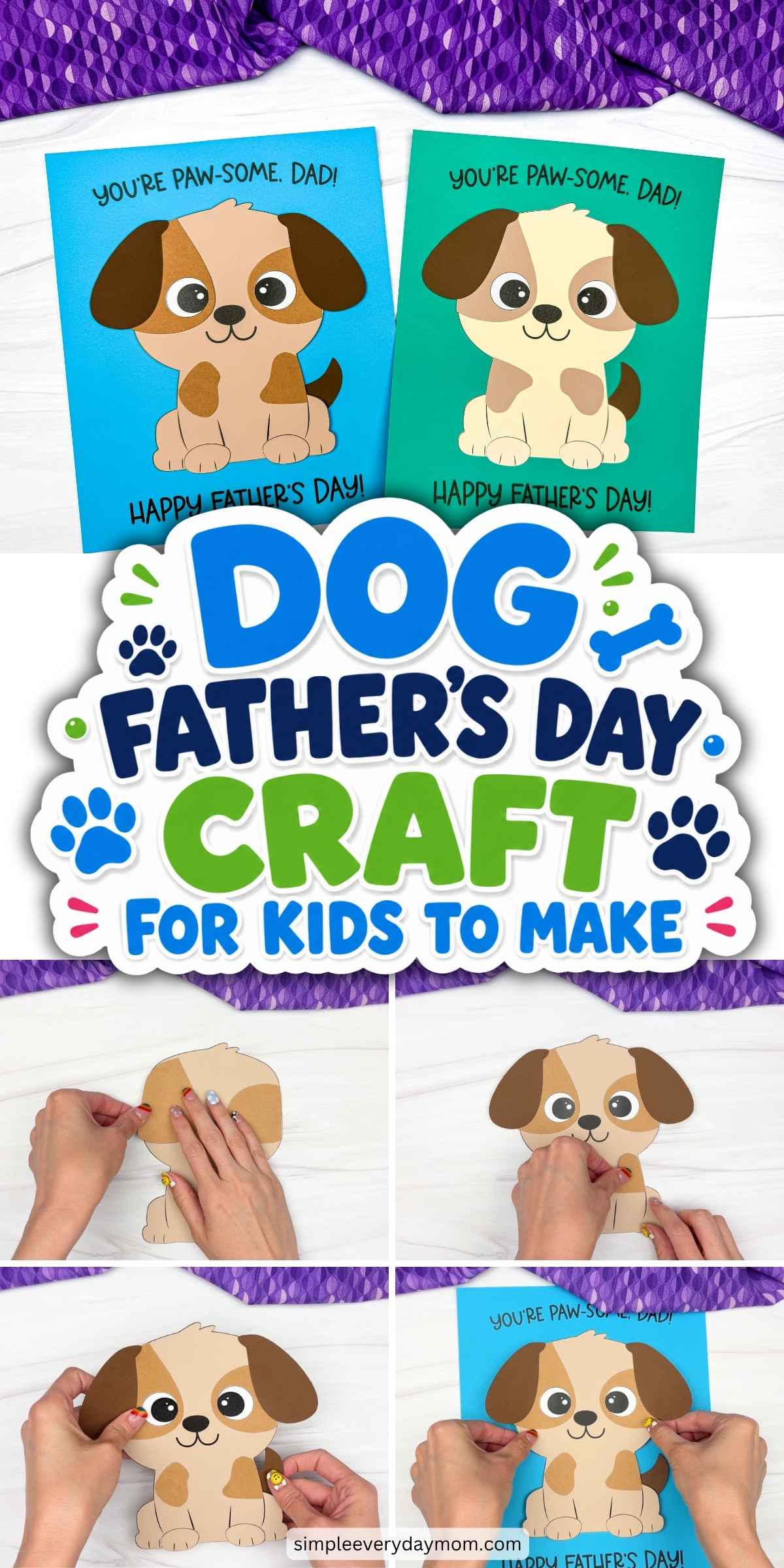 Collage of Father’s Day dog craft cards and puppy craft assembly steps for kids to make dad a handmade card