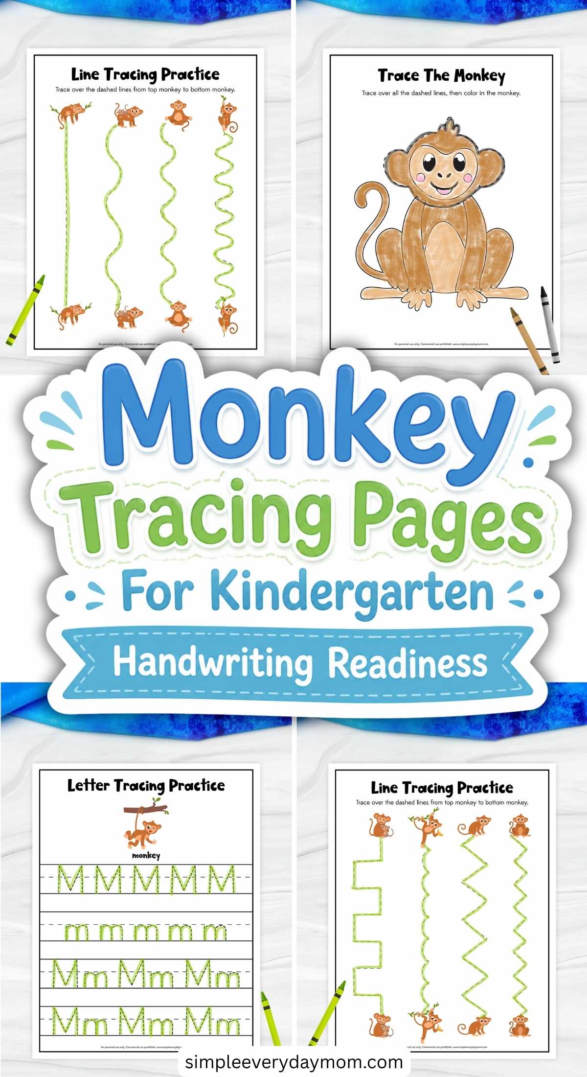 The image is a colorful advertisement for monkey tracing pages created to help kindergarten children build handwriting readiness skills. It showcases four printable worksheets featuring line tracing, letter tracing, and a monkey coloring activity with cute cartoon monkey illustrations. Large blue and green text in the center highlights the educational theme, while crayons and playful graphics add a fun classroom-style design.