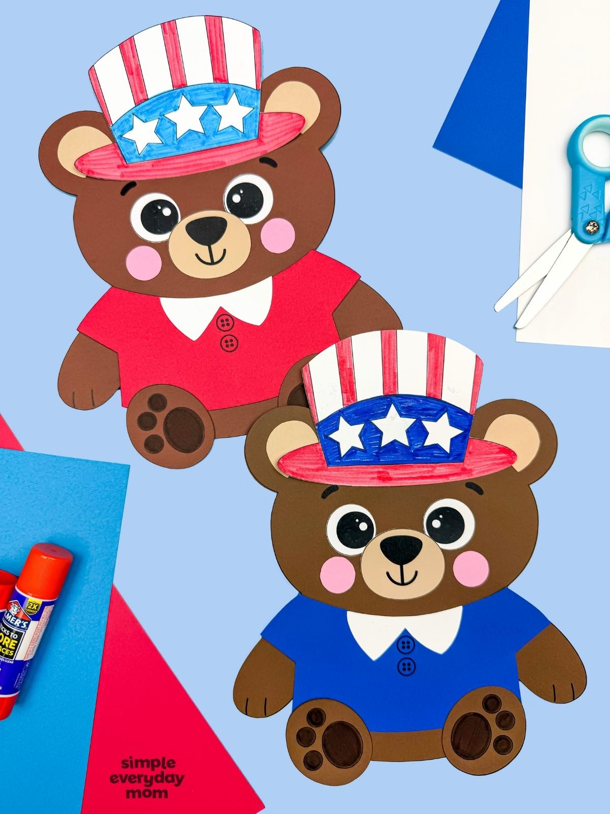 Collage of patriotic teddy bear paper crafts with red and blue shirts surrounded by craft supplies for a Fourth of July kids activity