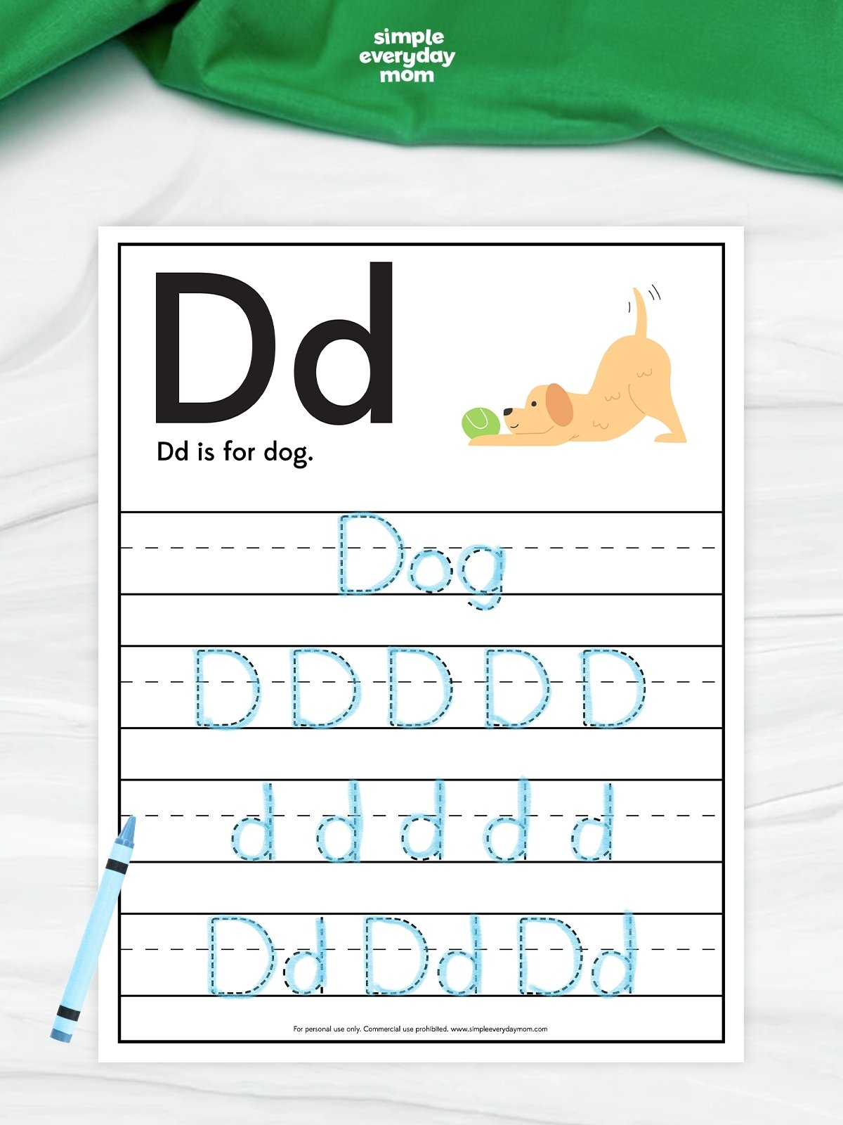 This image features a handwriting practice worksheet focused on the letter “D” for young learners. Children trace uppercase and lowercase “D” letters along with the word “Dog,” while a cute dog illustration helps reinforce letter recognition and phonics skills. Simple tracing lines, large letters, and playful artwork make this printable ideal for preschool and kindergarten handwriting practice.