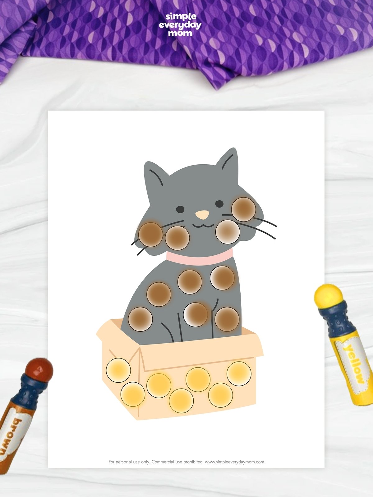 This adorable cat dot marker worksheet is a fun way for kids to practice fine motor skills and creativity at the same time. Children can use dot markers to fill in the circles on the cat and box while improving hand-eye coordination and concentration. Perfect for preschool and kindergarten learners, this printable activity adds playful learning to any pet-themed lesson or quiet time activity.