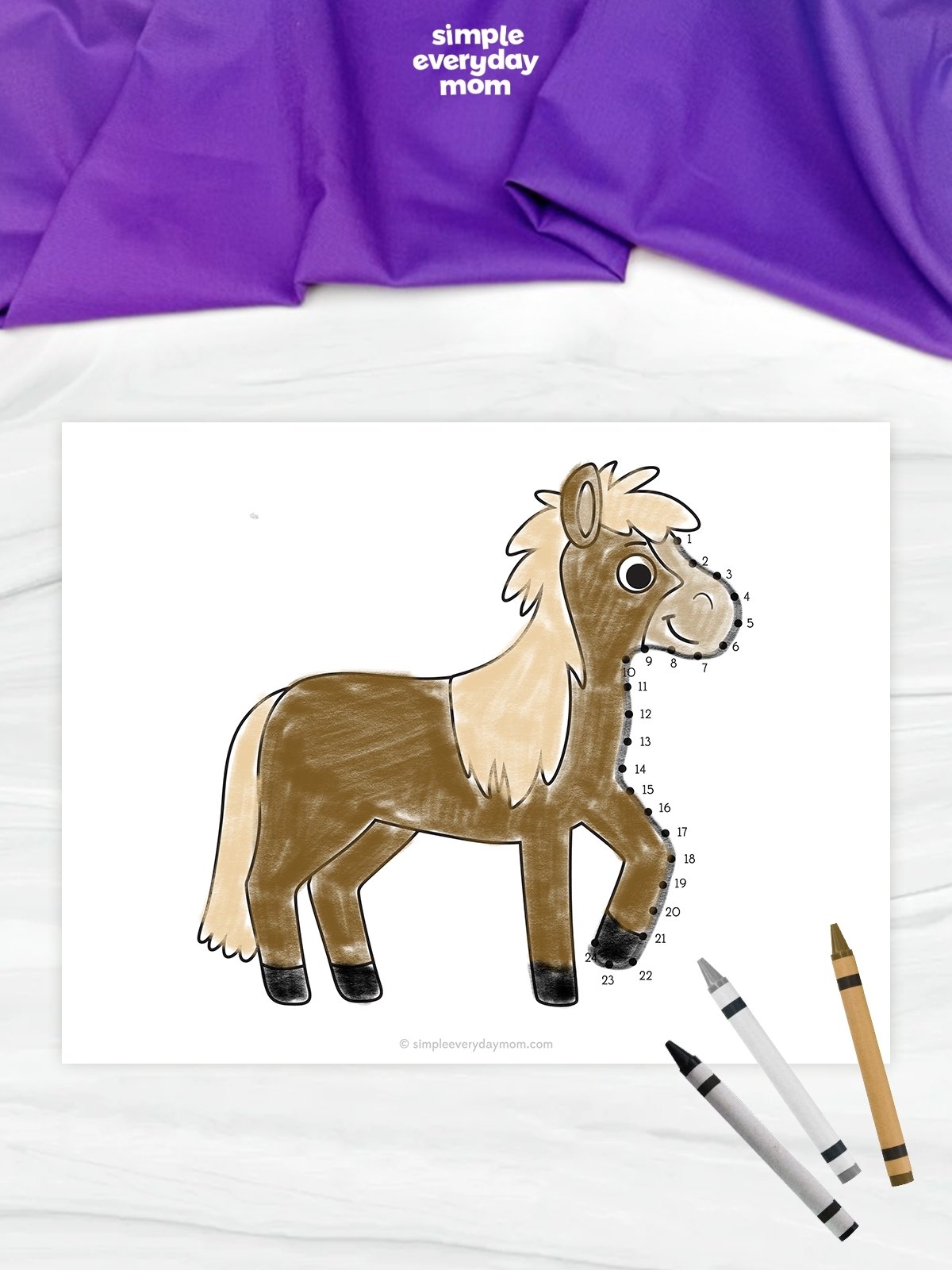 This image features a completed horse connect-the-dots worksheet displayed on a light marble-like surface. The horse is colored in shades of brown, cream, and black, with numbered dots tracing the outline of its face, neck, and raised front leg. Several crayons are placed in the lower-right corner, while a purple fabric backdrop and the Simple Everyday Mom logo appear at the top of the image.