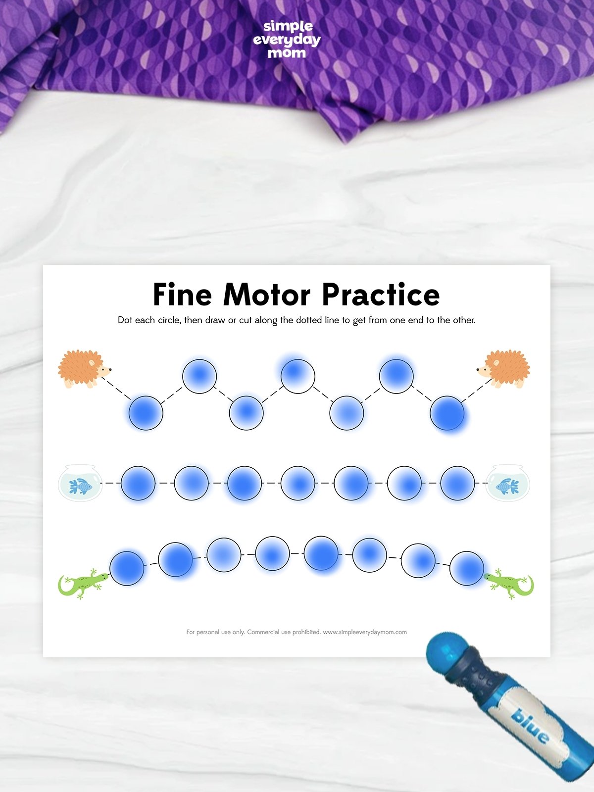 This fine motor practice worksheet gives kids a fun way to build hand-eye coordination and strengthen early writing skills. Children can use dot markers, trace the dotted paths, or cut along the lines while guiding each animal from one side to the other. Perfect for preschool and kindergarten learners, this activity combines creativity and skill-building in an engaging hands-on format.