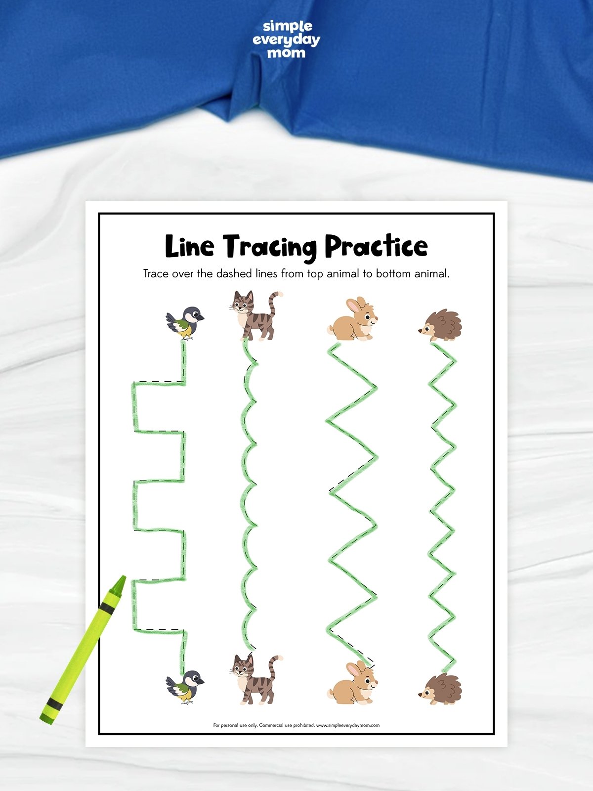 This image features a “Line Tracing Practice” worksheet designed to help children strengthen fine motor and pre-writing skills through tracing activities. Kids trace a variety of dashed line patterns, including zigzags, curves, and steps, while matching cute animals like birds, cats, rabbits, and hedgehogs from top to bottom. Simple instructions, playful animal illustrations, and engaging line designs make this printable a fun learning activity for preschool and kindergarten students.