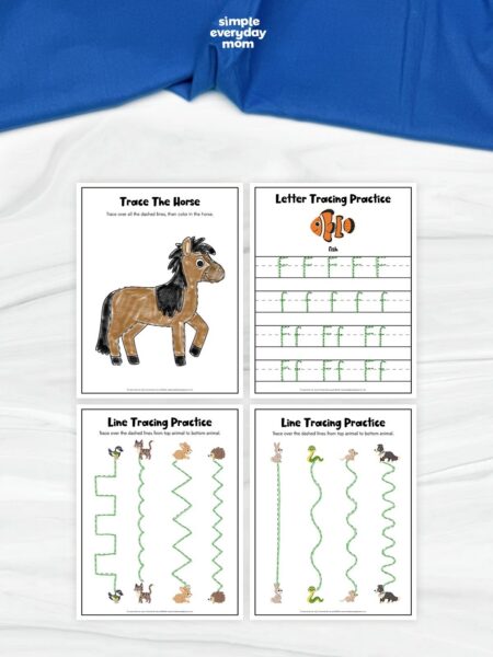 This image features four educational tracing worksheets designed to help young children practice handwriting, fine motor skills, and early learning concepts. The activities include tracing lines, practicing the letter “F,” and tracing a horse illustration, all paired with cute animal graphics and simple instructions. Clean layouts, playful drawings, and hands-on exercises make these printables engaging for preschool and kindergarten learners.