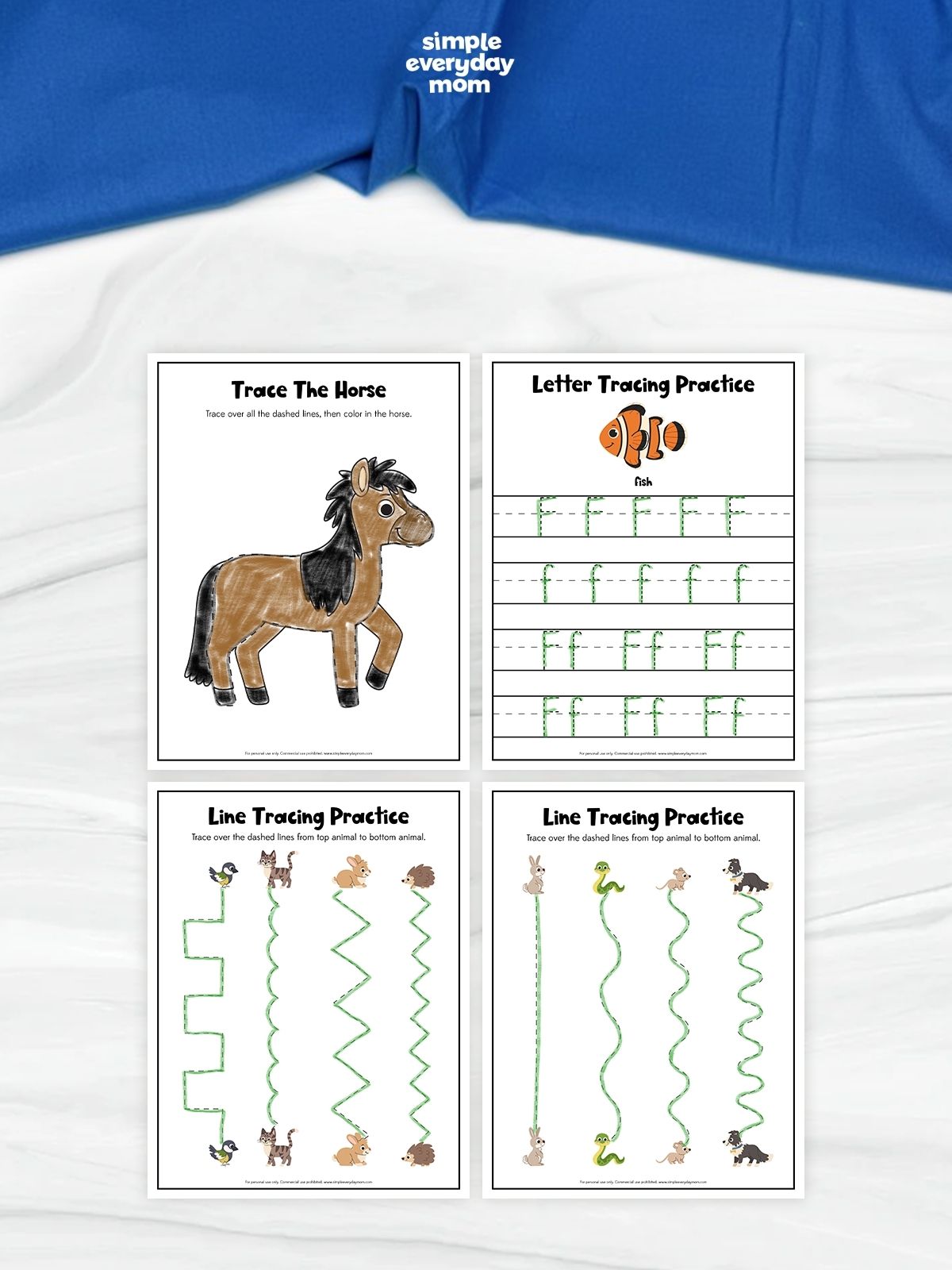 This image features four educational tracing worksheets designed to help young children practice handwriting, fine motor skills, and early learning concepts. The activities include tracing lines, practicing the letter “F,” and tracing a horse illustration, all paired with cute animal graphics and simple instructions. Clean layouts, playful drawings, and hands-on exercises make these printables engaging for preschool and kindergarten learners.