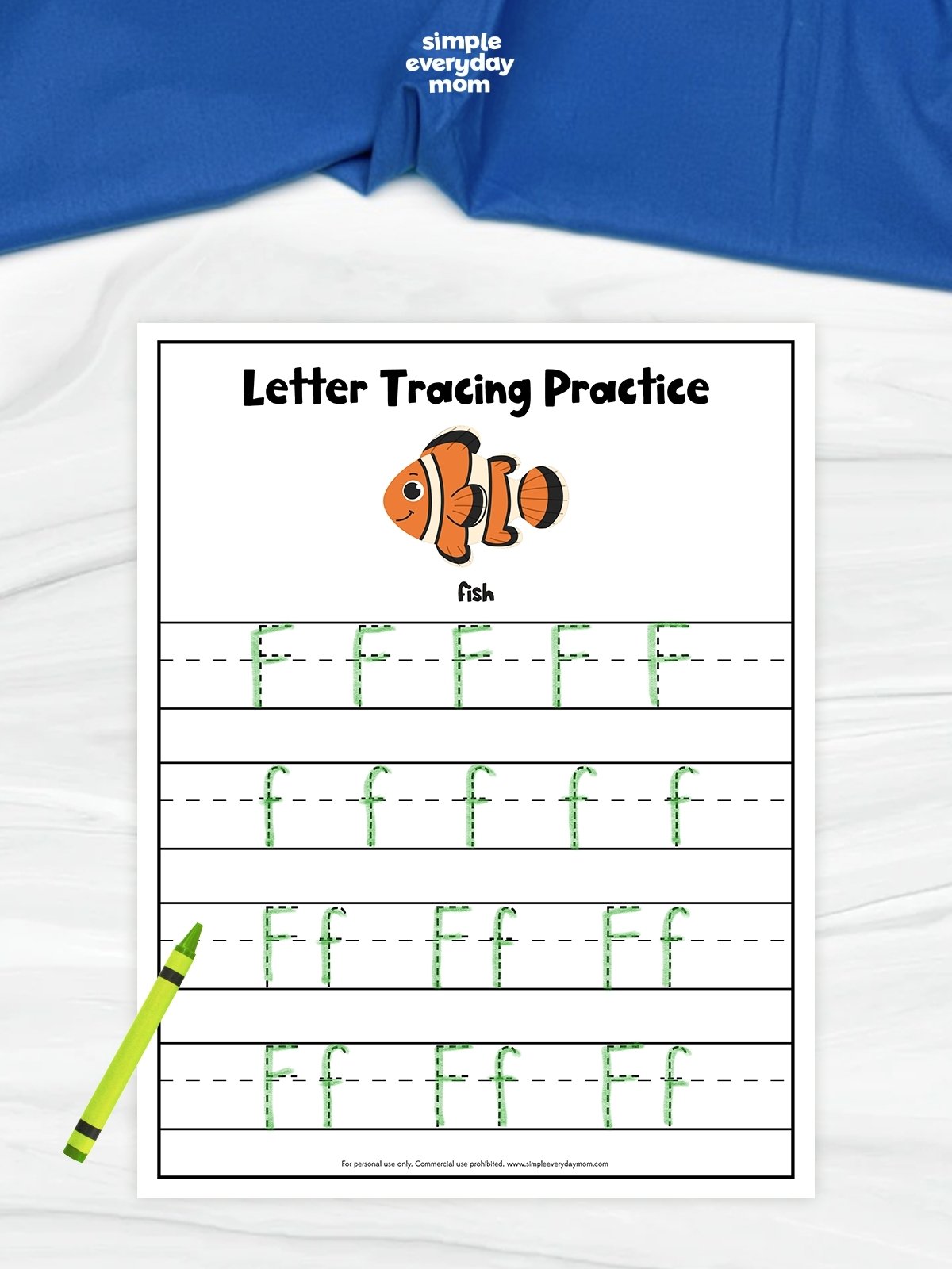 This image shows a “Letter Tracing Practice” worksheet designed to help young children practice writing the letter “F.” The printable includes uppercase and lowercase dotted letters for tracing, along with a colorful fish illustration to reinforce letter recognition and phonics skills. Simple handwriting lines, playful artwork, and guided tracing activities make this worksheet ideal for preschool and kindergarten learners.