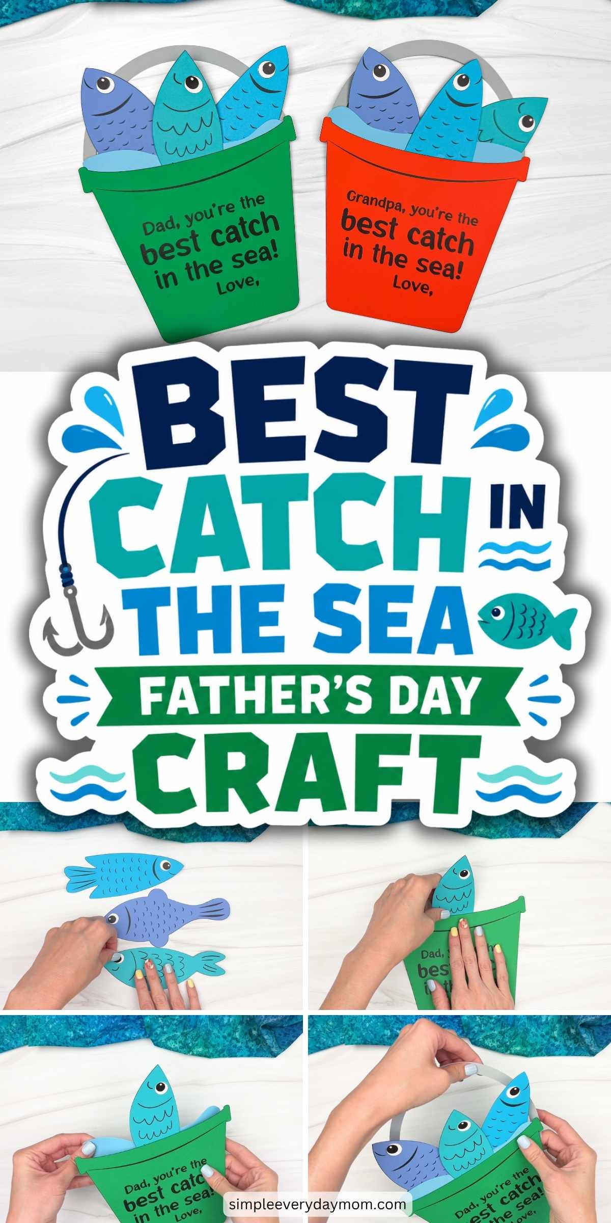 Collage of Father’s Day fishing bucket crafts with colorful paper fish and step by step assembly photos.