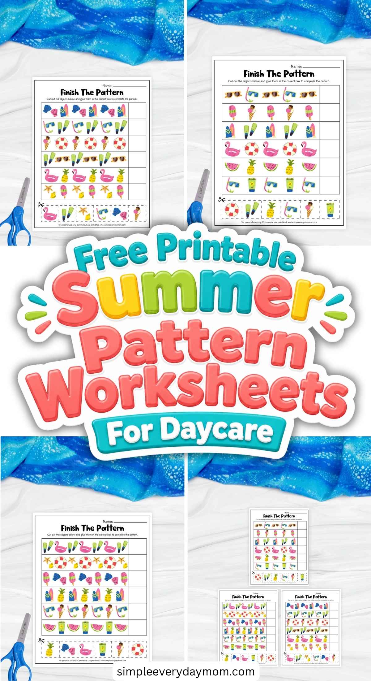 This image is a bright promotional graphic advertising free printable summer pattern worksheets designed for daycare and early learning activities. The background shows several “Finish The Pattern” worksheets featuring colorful summer-themed images such as flamingos, sunglasses, surfboards, seashells, pineapples, and popsicles arranged in repeating sequences. Large playful text in the center, along with beach-inspired colors and scissors placed beside the worksheets, creates a fun and engaging educational resource for preschool and kindergarten children.