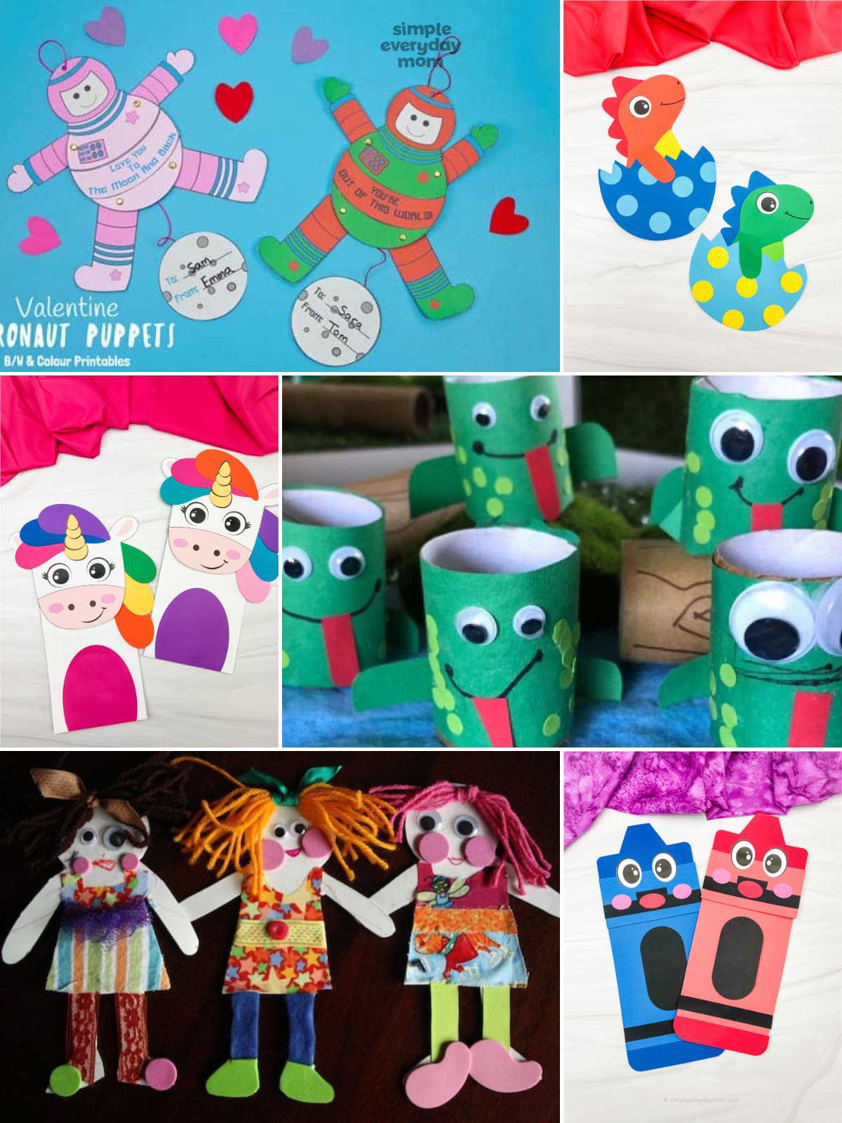 This collage features a variety of colorful and creative craft projects for kids. The crafts include astronaut puppets, dinosaur eggs, unicorn paper crafts, frog toilet paper rolls, rag dolls, and crayon bookmarks. The bright colors and playful designs make the image fun, imaginative, and perfect for children’s art and classroom activities.