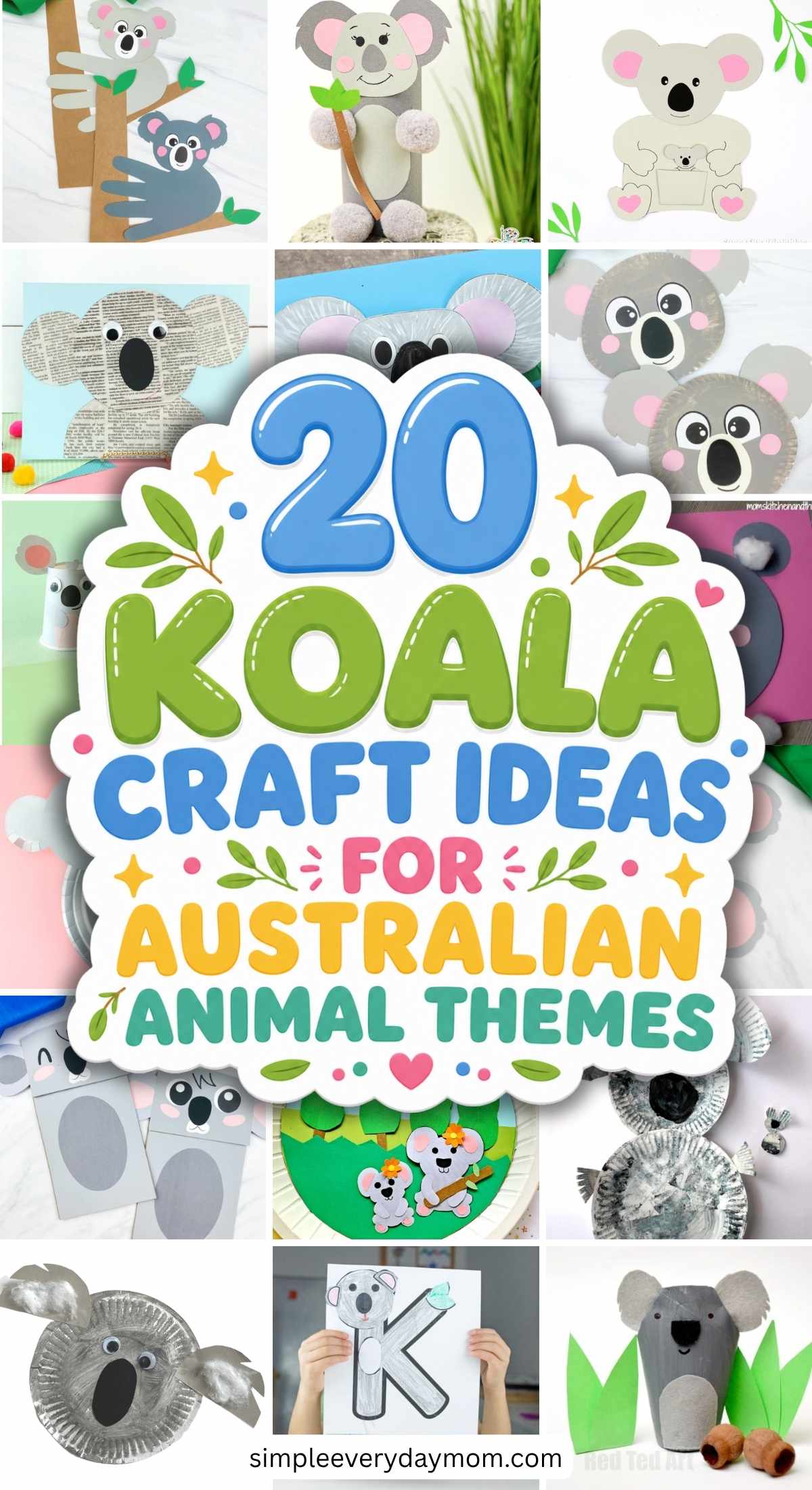 Promotional graphic for 20 koala craft ideas for Australian animal themes, with a collage of koala-themed paper crafts in the background.