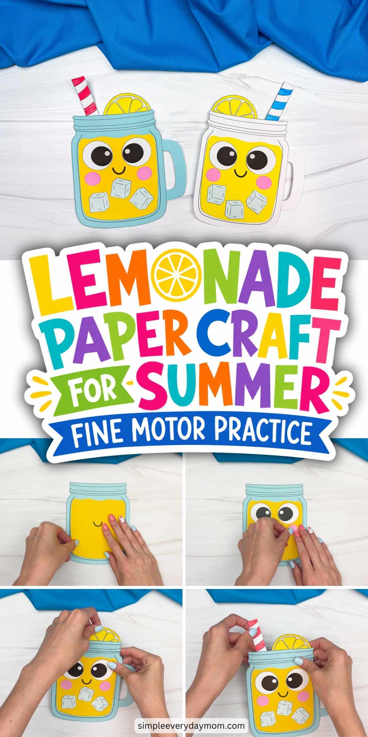 Collage of lemonade paper craft steps featuring smiling mason jar crafts with lemon slices, straws, and hands assembling the pieces.