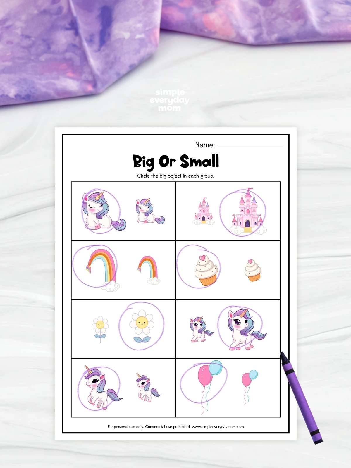 This unicorn-themed “Big or Small” worksheet helps preschool and kindergarten children practice size comparison and visual recognition skills. Kids look at pairs of objects — including unicorns, castles, rainbows, cupcakes, flowers, and balloons — and circle the larger item in each group. This engaging printable activity supports early math concepts, observation skills, and critical thinking while keeping learning fun and colorful.