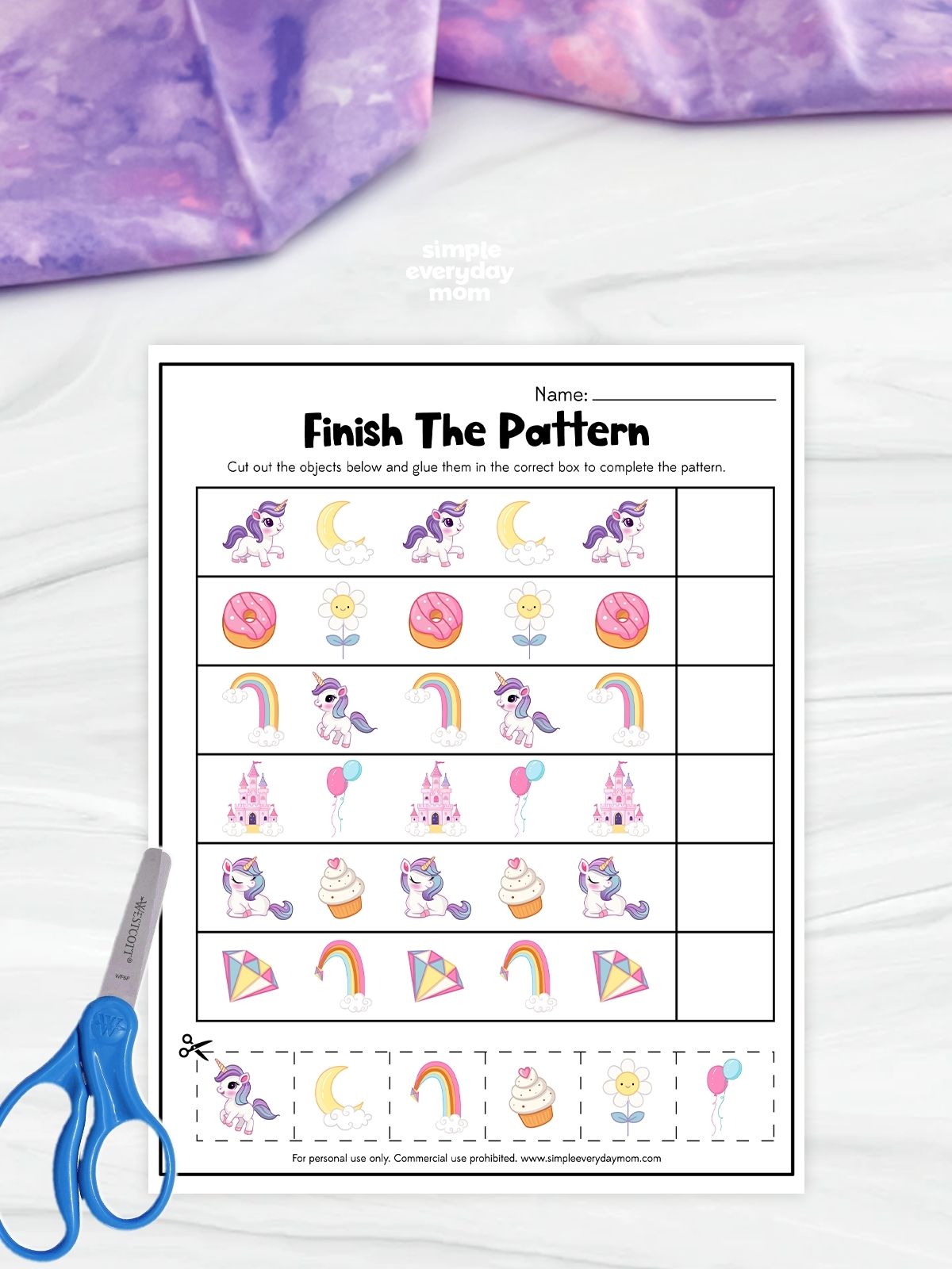 This unicorn-themed “Finish the Pattern” worksheet helps preschool and kindergarten kids practice pattern recognition and sequencing skills. Children look at each row of repeating pictures — including unicorns, moons, donuts, flowers, castles, balloons, cupcakes, rainbows, and kites — then cut out the matching images at the bottom and glue them into the empty boxes to complete each pattern. This hands-on printable supports early math development, critical thinking, and fine motor skills in a fun and engaging way.