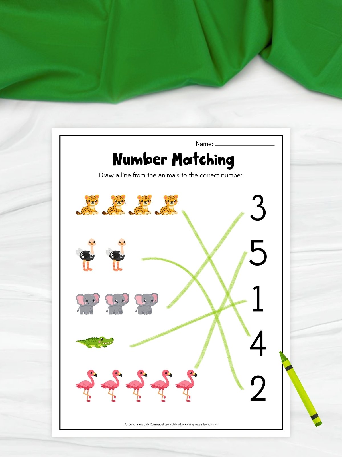 This image features a printable “Number Matching” worksheet created to help young children practice counting and number recognition skills. The worksheet shows groups of animals such as leopards, ostriches, elephants, a crocodile, and flamingos that children must match to the correct number on the right side. Light green tracing lines and a bright green crayon add a playful and engaging touch to the educational activity page.