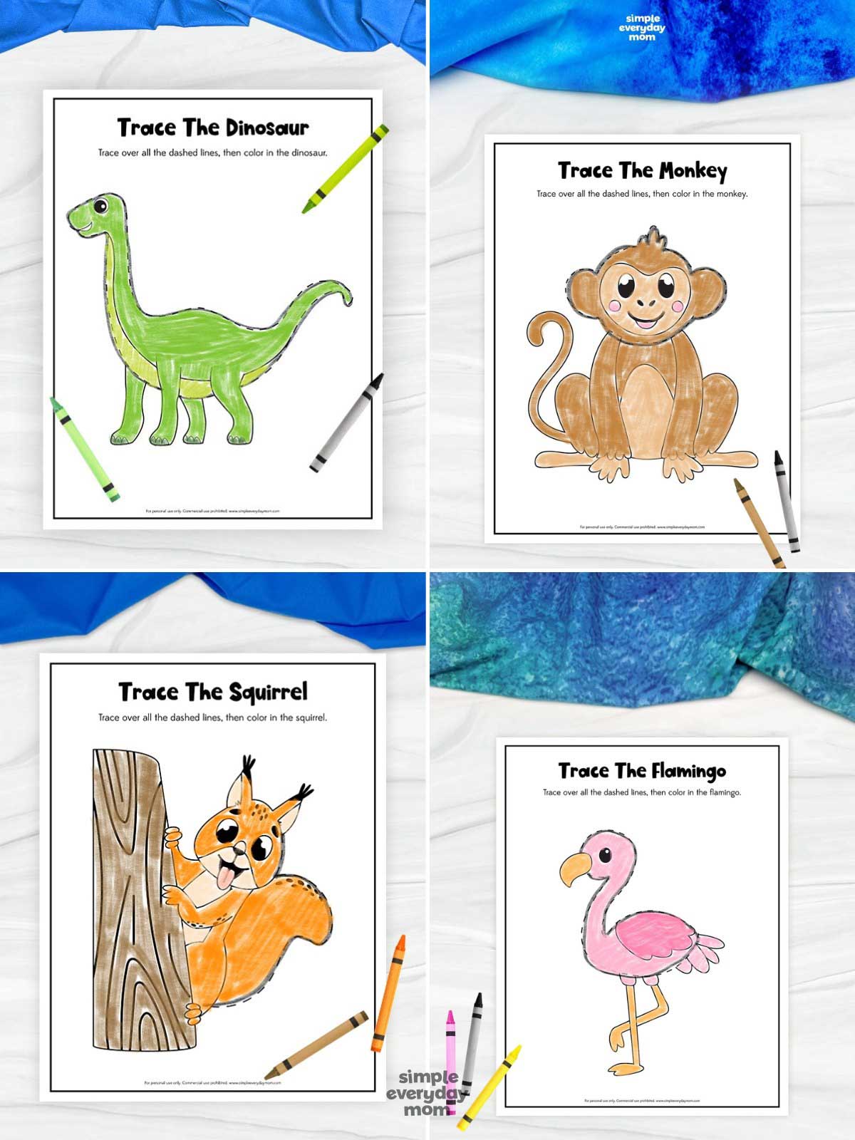 This image features four animal-themed trace-and-color worksheets designed for young children. The pages include a dinosaur, monkey, squirrel, and flamingo, each outlined with dashed lines for tracing before coloring. These fun activities help kids practice fine motor skills, pencil control, and early handwriting development while enjoying cute animal illustrations.