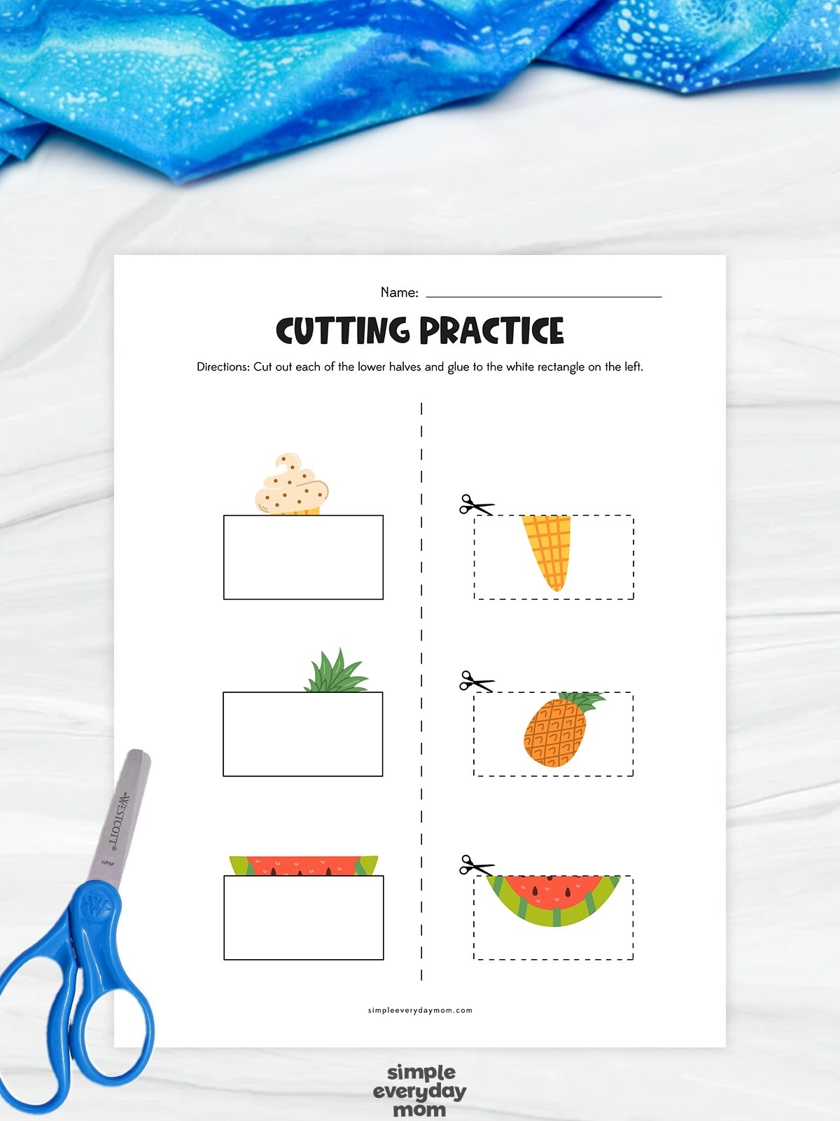 This beach-themed cutting practice worksheet helps kindergarten students develop fine motor skills through a fun cut-and-paste activity. Children cut out the picture pieces on the right and match them to complete the ice cream cone, pineapple, and watermelon images on the left. This hands-on exercise encourages scissor control, visual discrimination, and problem-solving while keeping young learners engaged with colorful summer-themed graphics.