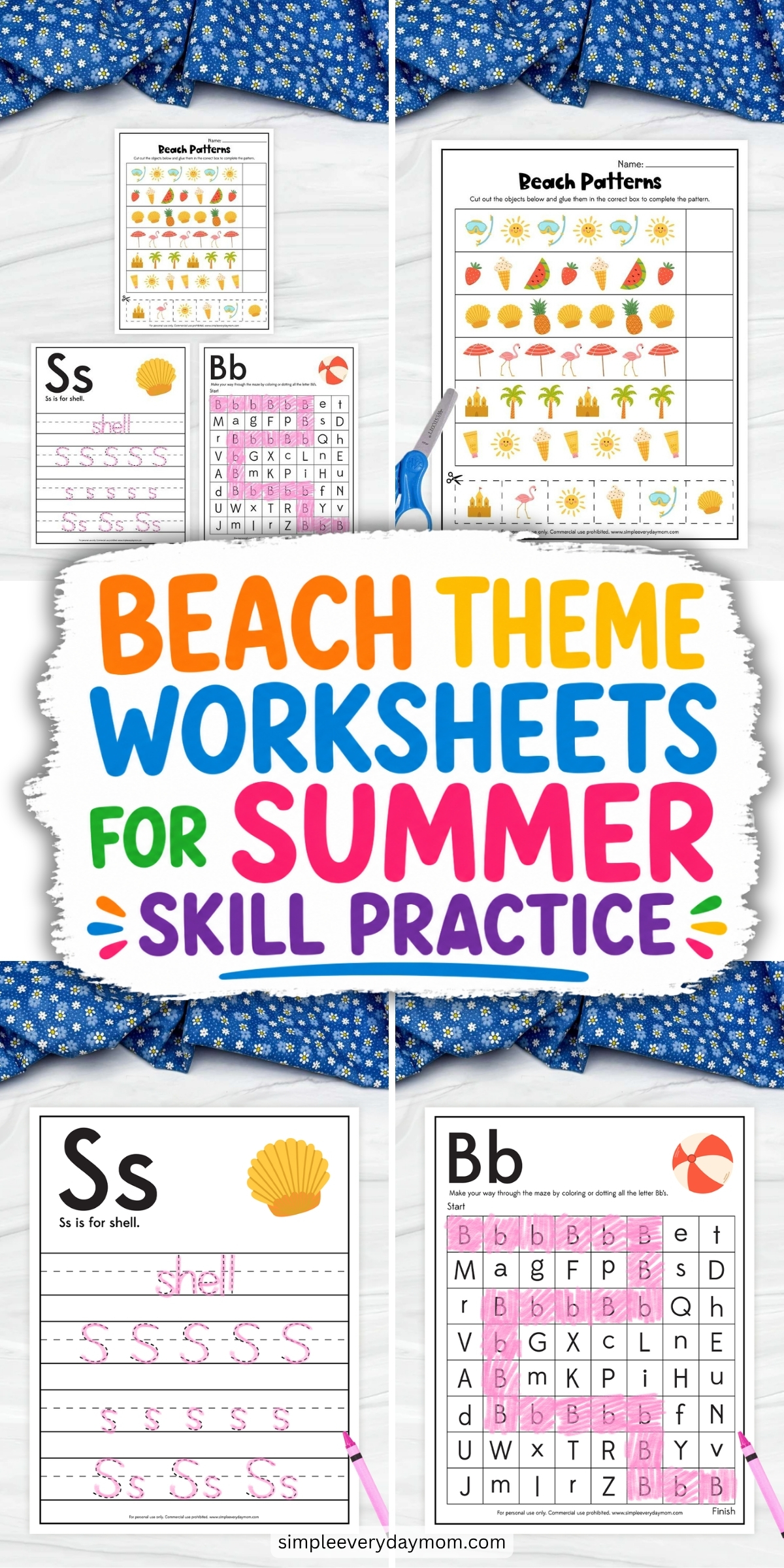 These beach-themed worksheets for summer skill practice help kindergarten students build important early learning skills through fun, engaging activities. The printable set includes letter tracing, alphabet recognition, and pattern completion exercises featuring colorful beach-inspired images like seashells, beach balls, palm trees, and sunshine. Perfect for summer learning at home or in the classroom, these worksheets encourage literacy, fine motor development, and critical thinking while keeping children excited about learning.