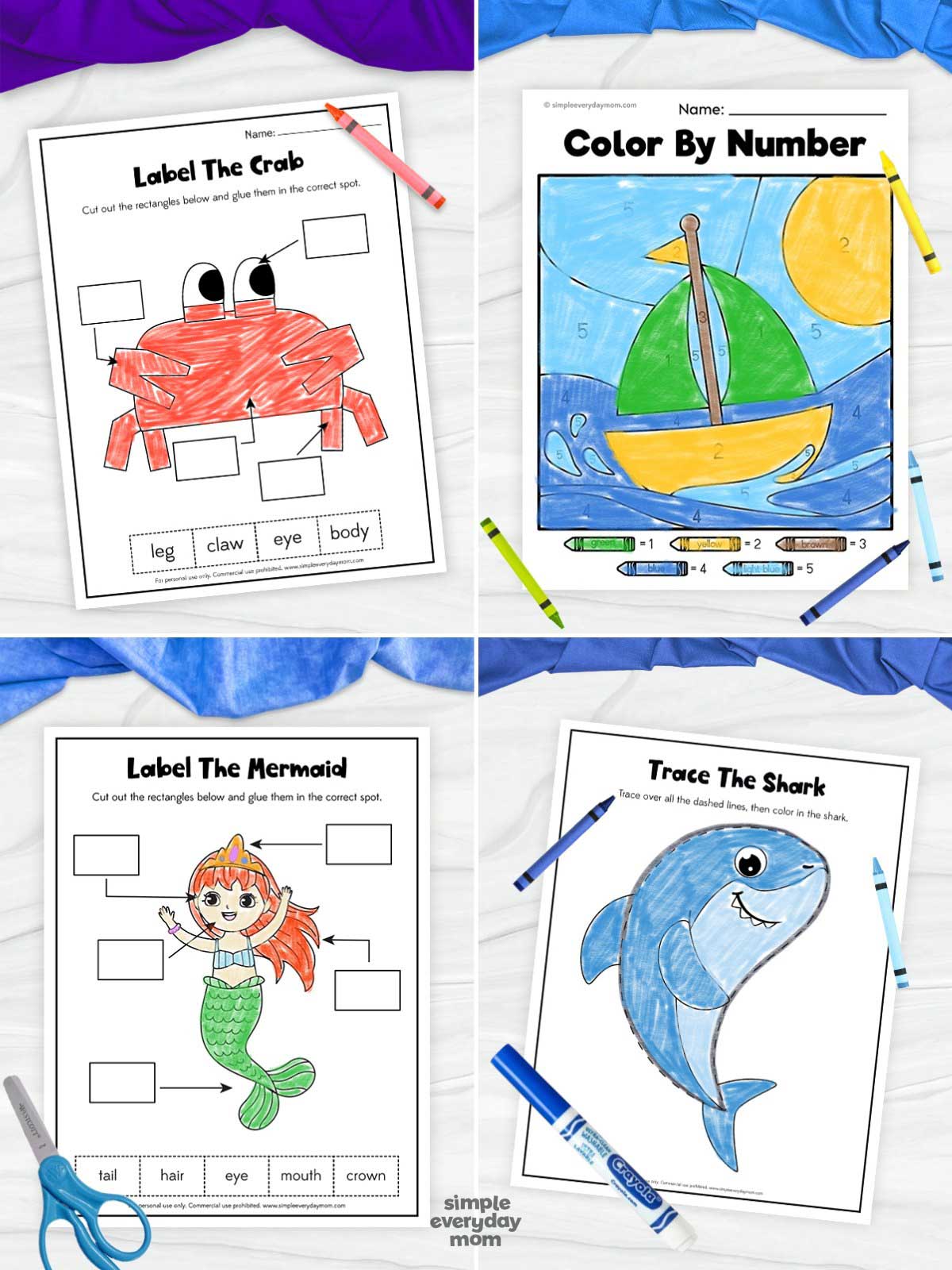 This printable ocean-themed worksheet pack offers a variety of engaging activities to help preschool and kindergarten students build early learning skills. The set includes labeling activities, color-by-number pages, and tracing exercises featuring fun ocean creatures such as crabs, mermaids, and sharks. Perfect for an ocean unit study or marine life theme week, these hands-on worksheets encourage vocabulary development, fine motor practice, creativity, and early problem-solving skills.