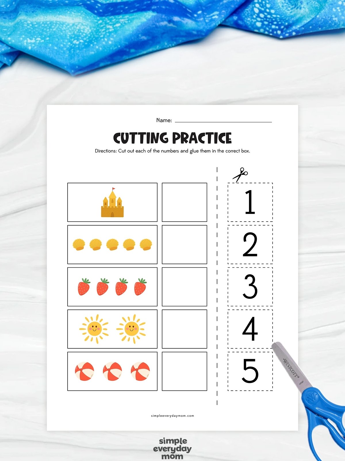This beach-themed cutting practice worksheet combines scissor skills with early counting and number recognition. Children cut out the numbers on the right and glue them next to the matching groups of beach-themed objects, including sandcastles, seashells, strawberries, suns, and beach balls. This hands-on activity helps kindergarten students strengthen fine motor skills while practicing counting and one-to-one correspondence.