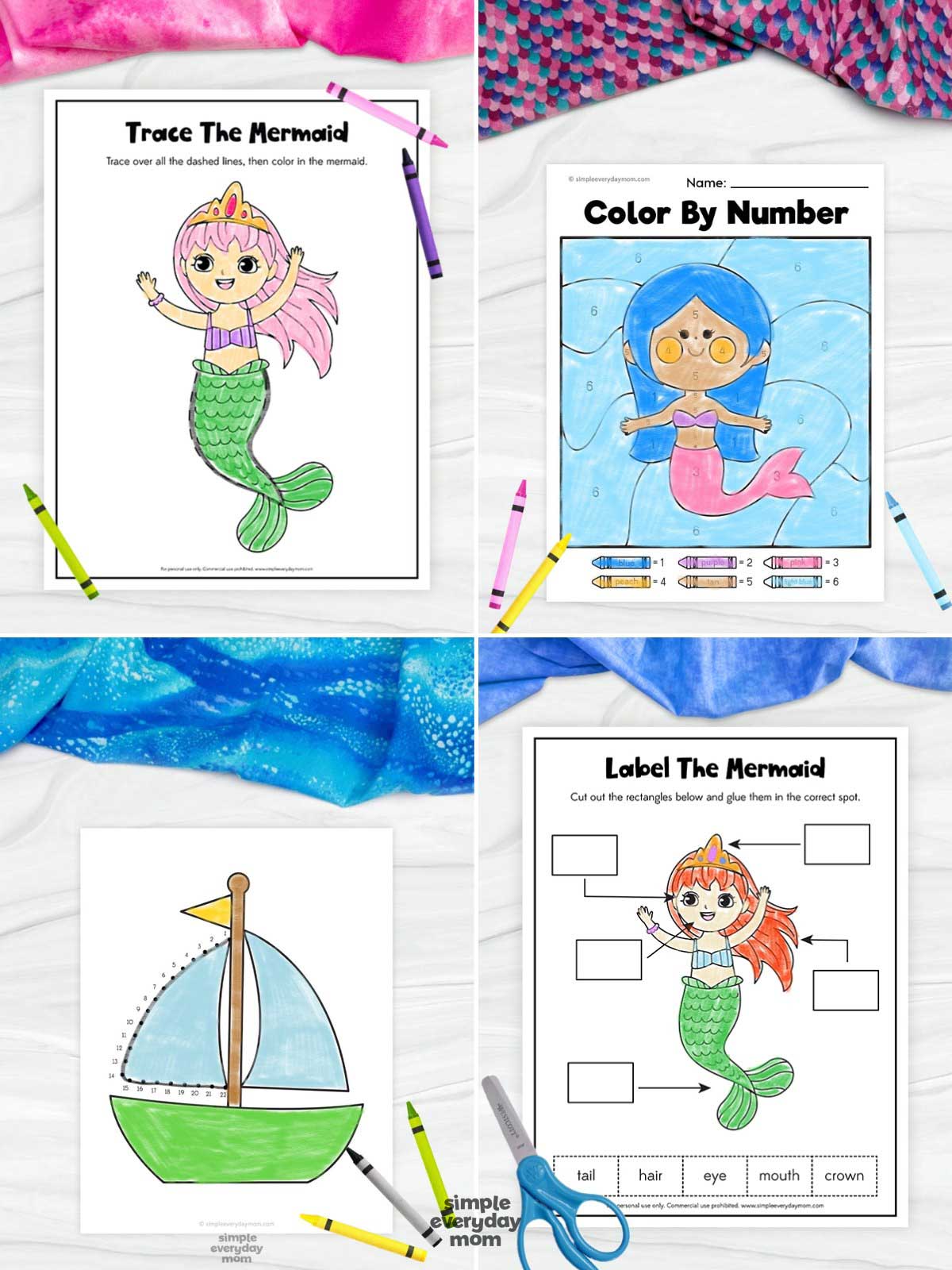 This image showcases four mermaid-themed educational worksheets designed for preschool and kindergarten children. The activities include tracing and coloring a mermaid, a mermaid color-by-number page, a sailboat connect-the-dots worksheet, and a labeling activity that helps children identify parts of a mermaid while building vocabulary and early literacy skills. These engaging ocean-themed printables support fine motor development, color recognition, problem-solving, and language learning through fun, hands-on activities.