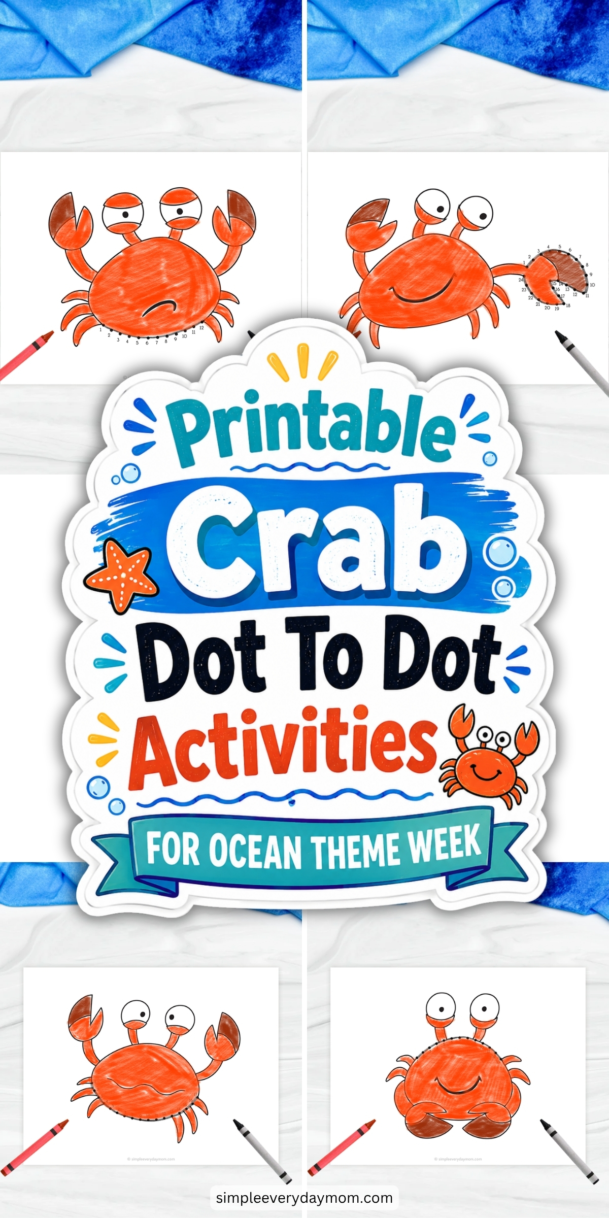 These printable crab dot-to-dot activities are a fun way for preschool and kindergarten students to practice number recognition, counting, and fine motor skills. Children connect the dots to complete adorable crab illustrations, then color them to create bright ocean-themed artwork. Perfect for an ocean unit study, summer learning, or marine life theme week, these engaging worksheets help build early math skills while encouraging creativity.