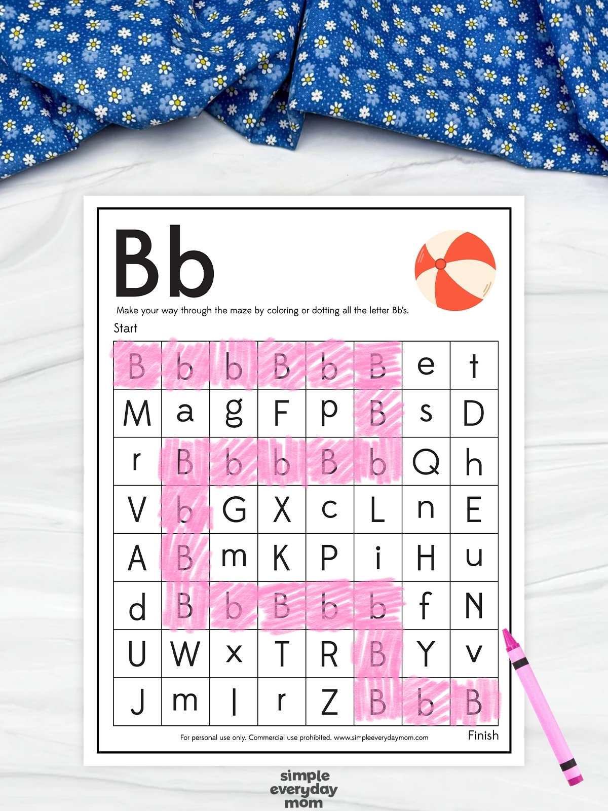 This beach-themed letter B worksheet helps kindergarten students practice letter recognition in a fun and interactive way. Children follow a maze by finding and coloring all the uppercase and lowercase B letters, reinforcing alphabet identification skills. The beach ball illustration adds a summer touch that keeps young learners engaged while building early literacy skills.