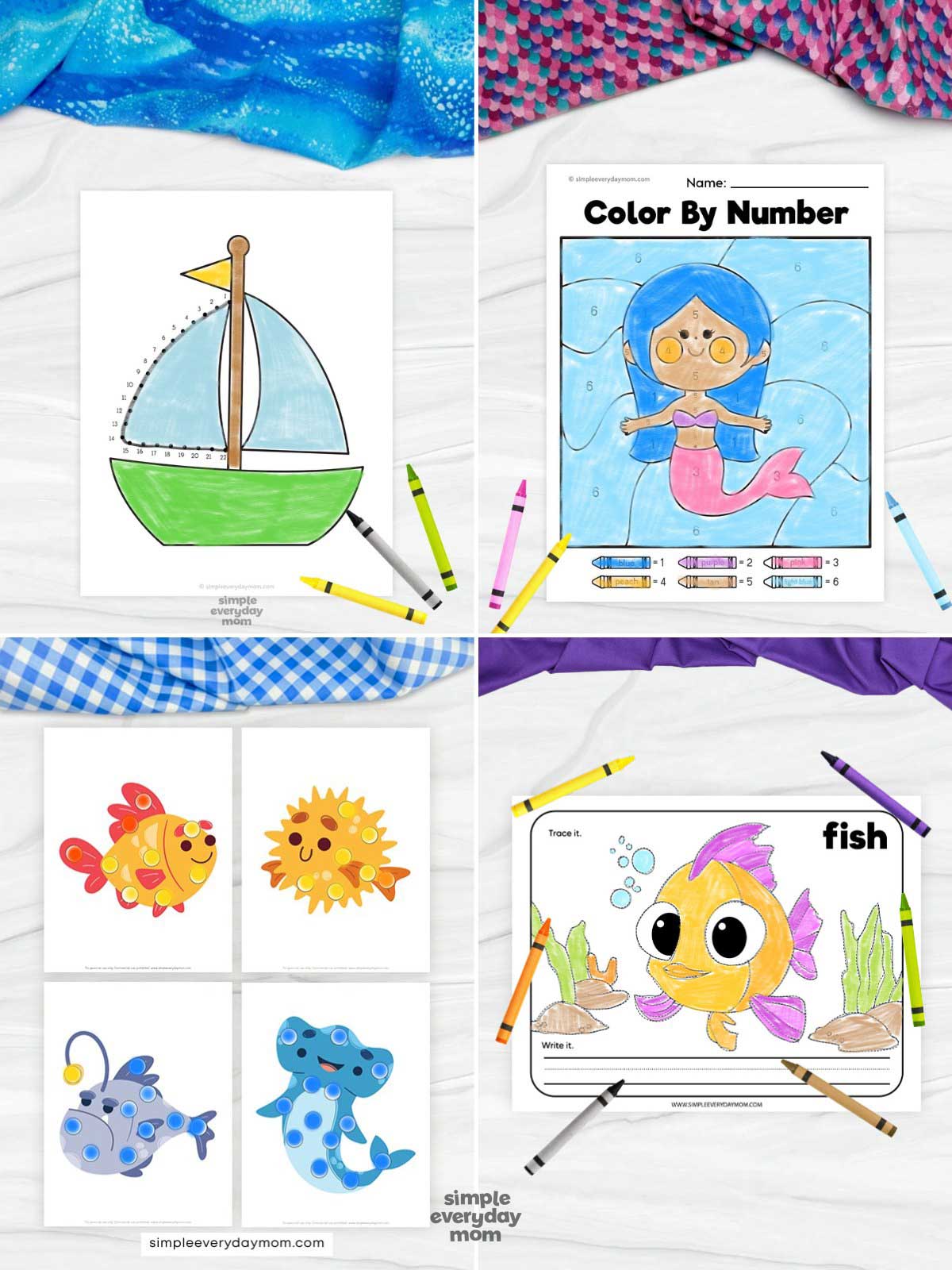 This ocean-themed activity bundle offers a variety of engaging worksheets that help preschool and kindergarten students practice important early learning skills. The set includes dot-to-dot activities, color-by-number pages, dot marker printables, tracing and handwriting practice, and creative coloring sheets featuring fish, mermaids, sailboats, and other sea creatures. Perfect for ocean unit studies, summer learning, or marine life theme weeks, these fun activities encourage counting, fine motor development, letter formation, and creativity in an enjoyable way.