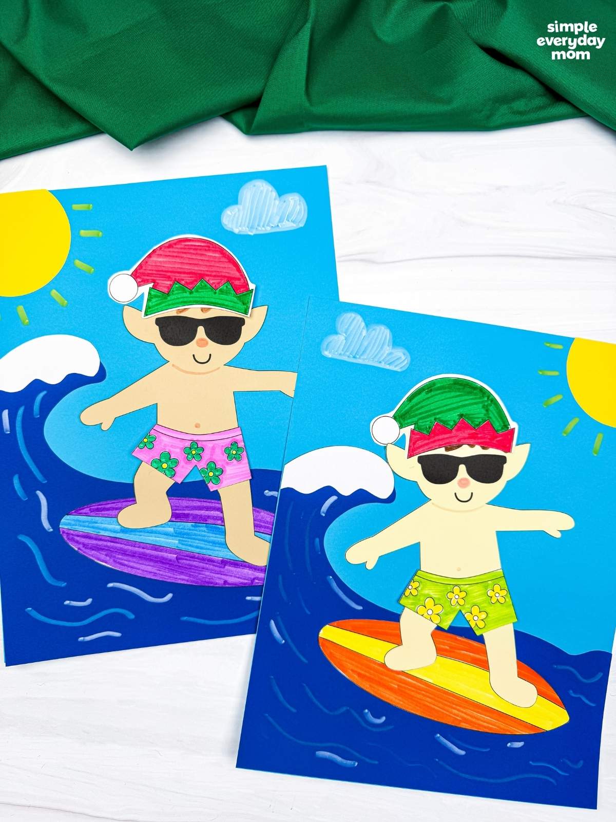 Side by side completed elf surfing crafts featuring elves in sunglasses and Santa hats riding colorful surfboards on ocean wave backgrounds.