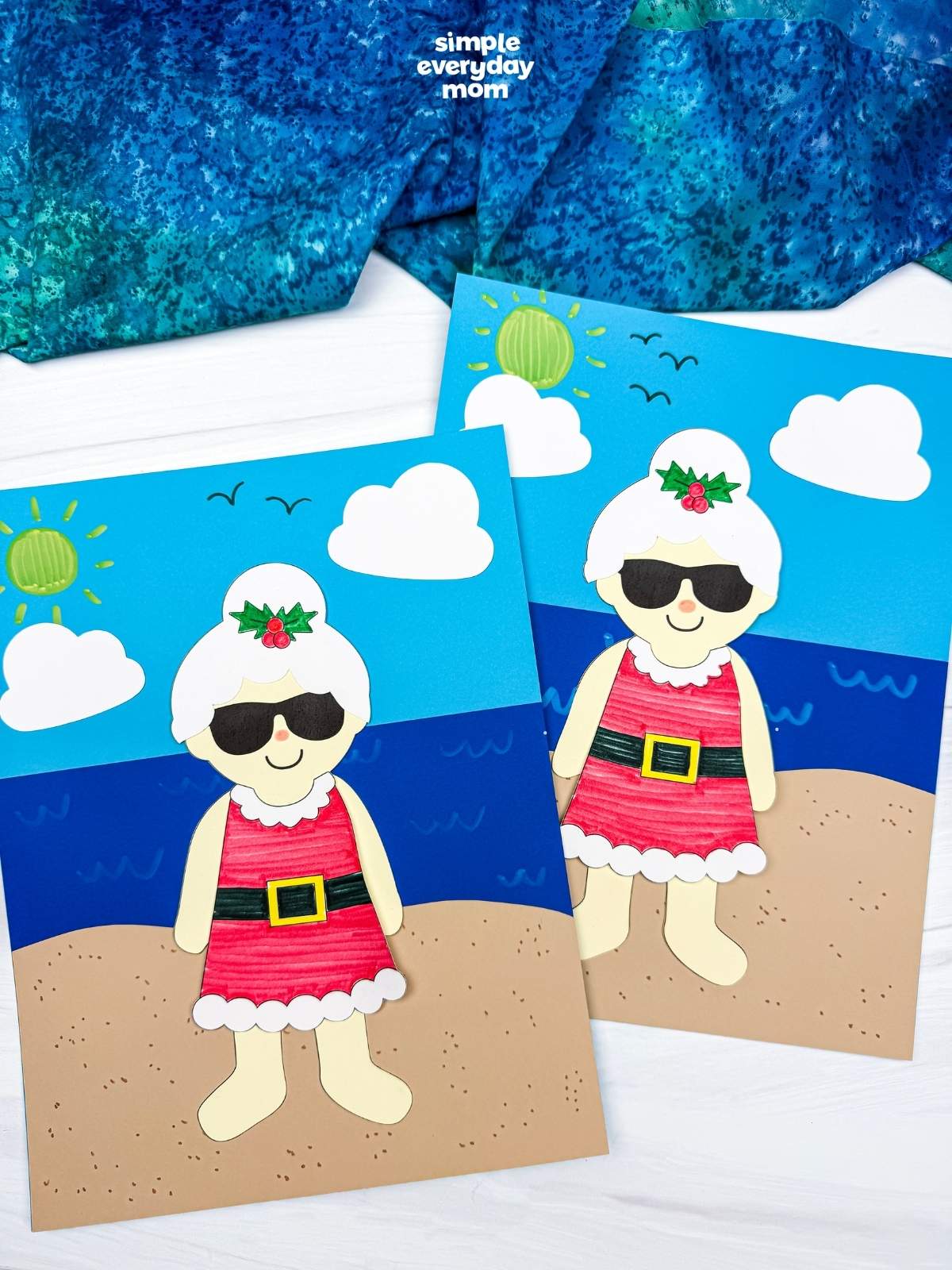 Collage of two completed Summer Mrs. Claus crafts displayed on sunny beach scene backgrounds.