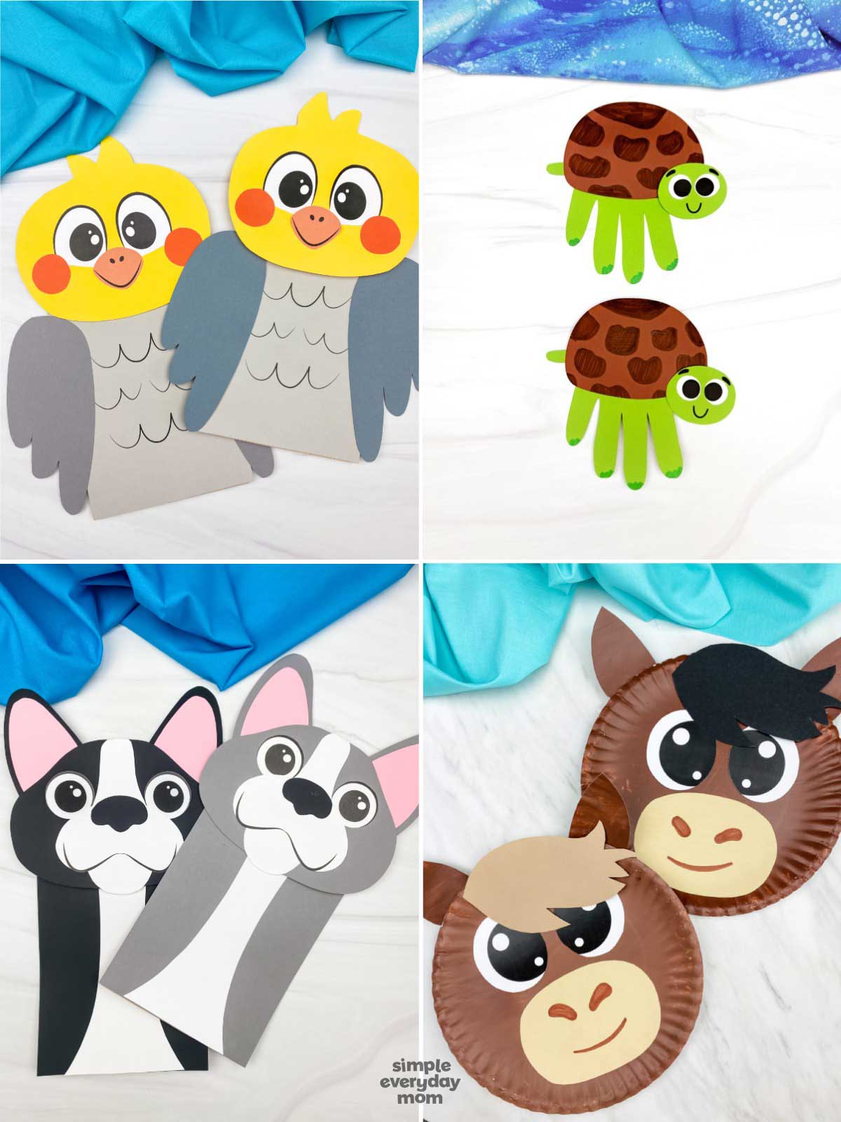 This image is a collage of four animal-themed craft projects for kids arranged in a grid layout. The crafts include cockatiel paper crafts, turtle handprint crafts, dog paper bag puppets, and horse paper plate crafts, all made with colorful paper and simple materials. Blue fabric accents decorate the background, and the Simple Everyday Mom logo appears at the bottom center of the image.