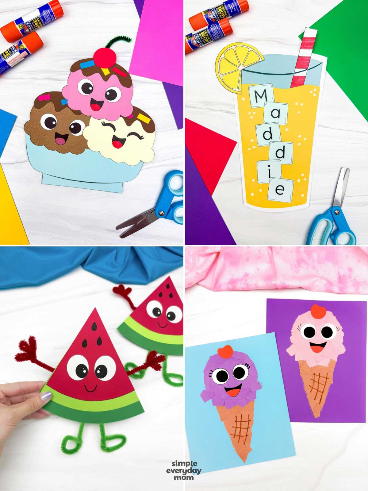 This image showcases four summer-themed paper crafts designed for preschool and elementary-aged children. The activities include a smiling ice cream sundae craft, a lemonade name craft that helps with letter recognition and spelling, a watermelon character craft made with simple materials, and colorful ice cream cone crafts that encourage creativity and fine motor skill development. These fun, hands-on projects combine seasonal themes with learning opportunities, making them perfect for summer classroom activities or at-home crafting.