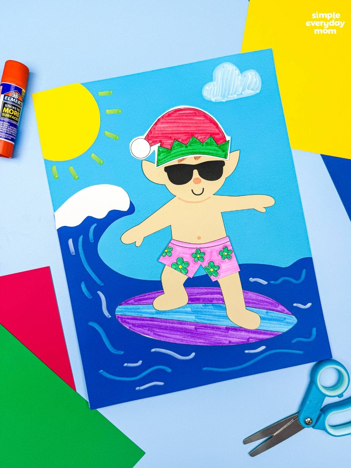 A completed Craft featuring an elf in sunglasses, a Santa hat, and pink floral swim trunks surfing on a colorful board against an ocean wave background.