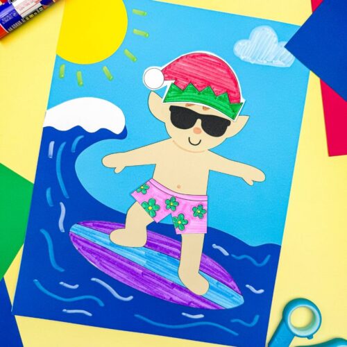 A completed Craft featuring an elf in sunglasses, a Santa hat, and pink floral swim trunks surfing on a colorful board with ocean waves, a bright sun, and a cloud.