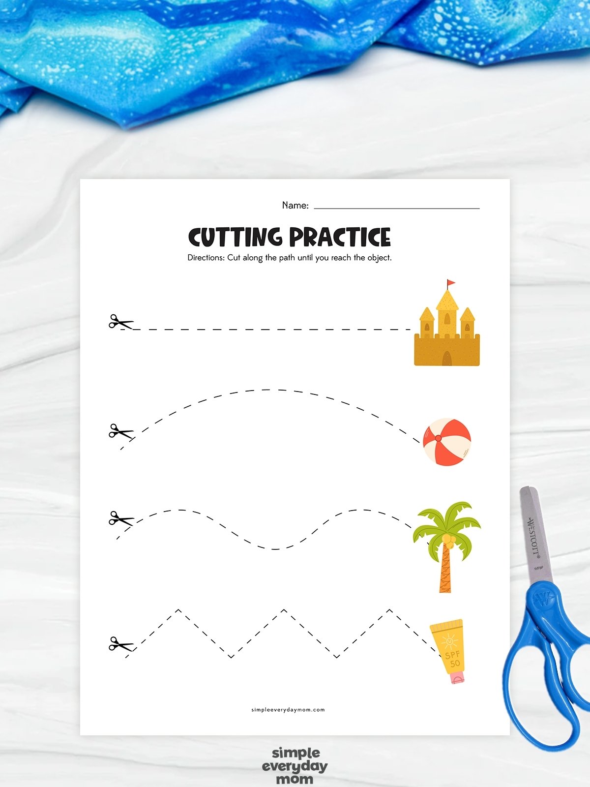 This beach-themed cutting practice worksheet helps kindergarten students build scissor skills by cutting along a variety of lines, including straight, curved, wavy, and zigzag paths. Children follow each dashed line until they reach the matching beach object, such as a sandcastle, beach ball, palm tree, or sunscreen bottle. The engaging summer theme makes fine motor practice fun while improving hand strength, coordination, and cutting accuracy.